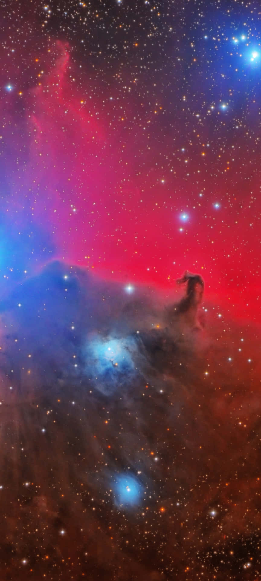 太空中一個色彩繽紛的星雲，有恆星和馬頭剪影。