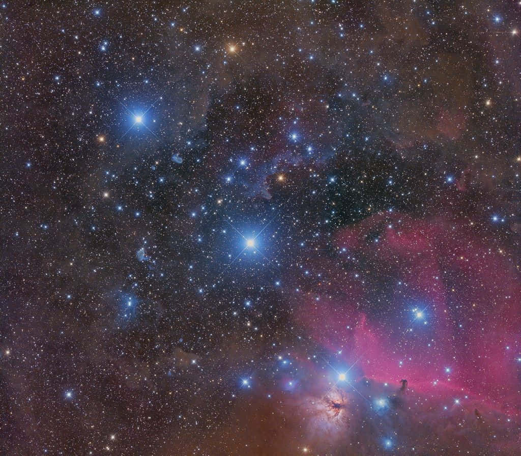 Interstellar Cloud 桌布 壁紙 — 獵戶座星雲在星空中閃爍著粉紅色和藍色色調的壯麗景色。