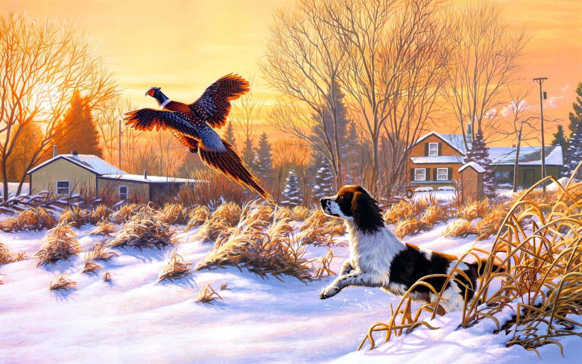 獵犬追逐飛鳥 壁紙 — 一隻獵犬在雪白的冬日草叢中躍起，一隻野雞在金色夕陽的天空中飛翔。