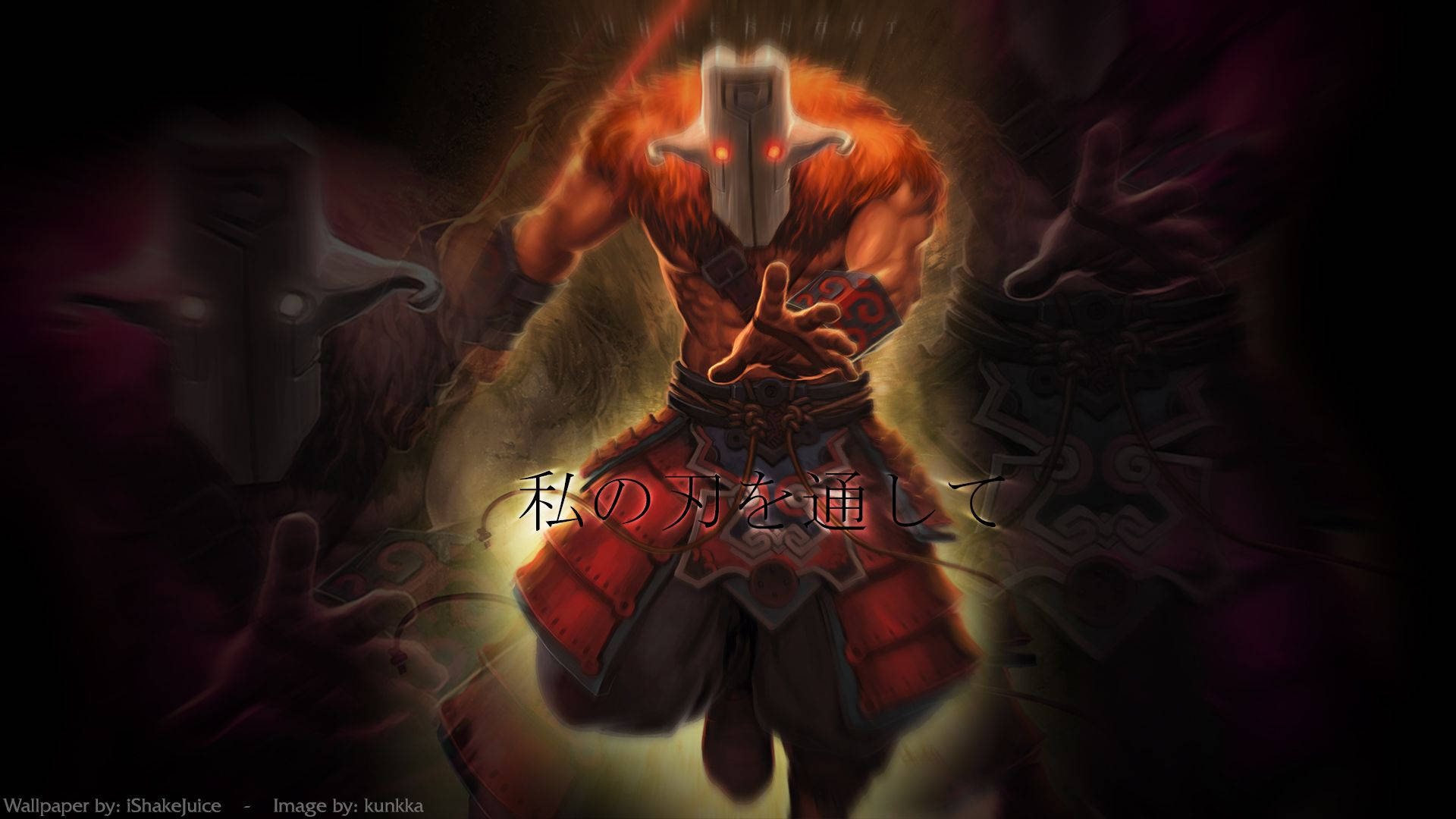 獵頭者 DOTA 2 壁紙 — 一個發光的蒙面戰士穿著紅色盔甲，在帶有日文字樣的黑暗陰影背景中挑釁地站立。