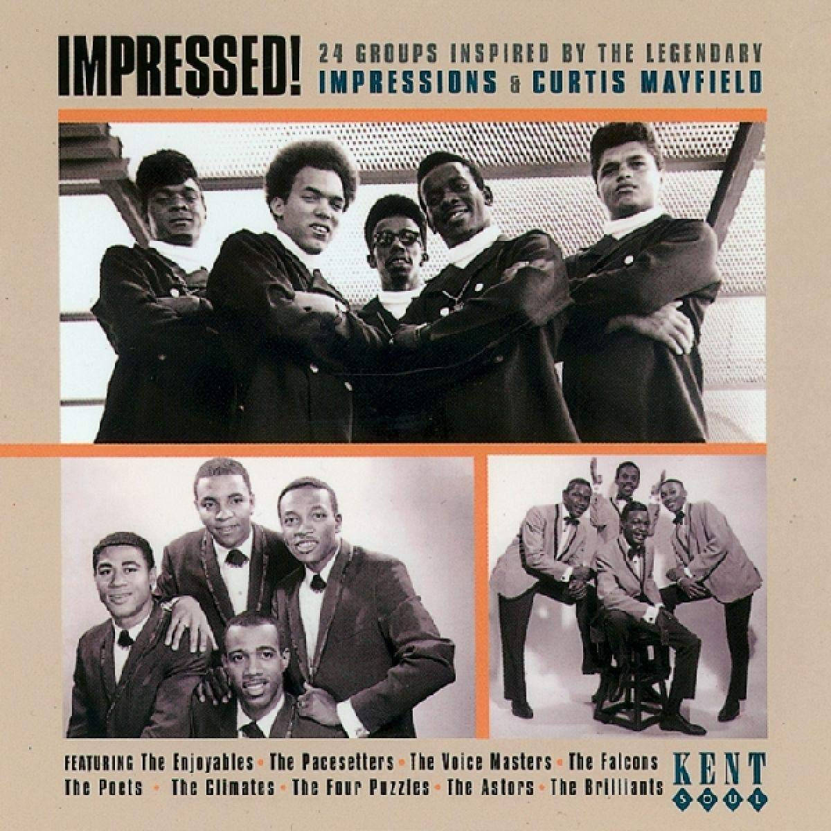 獻給 Curtis Mayfield 和 The Impressions 的致敬專輯封面 壁紙 — 復古黑白專輯封面，六個靈魂樂團穿著俐落西裝，在攝影棚背景前自信擺姿勢。