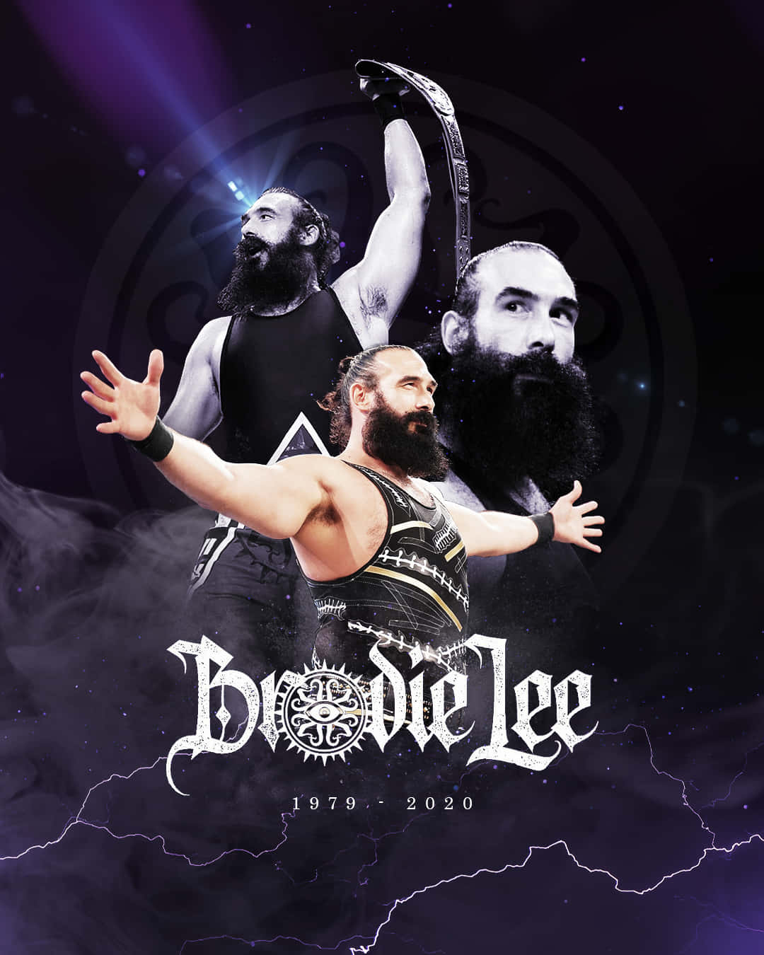 獻給Brodie Lee的生命致敬 壁紙 — 向 Brodie Lee 致敬的海報，以三個動態姿勢為特色，背景是帶有閃電和星星的宇宙紫色。