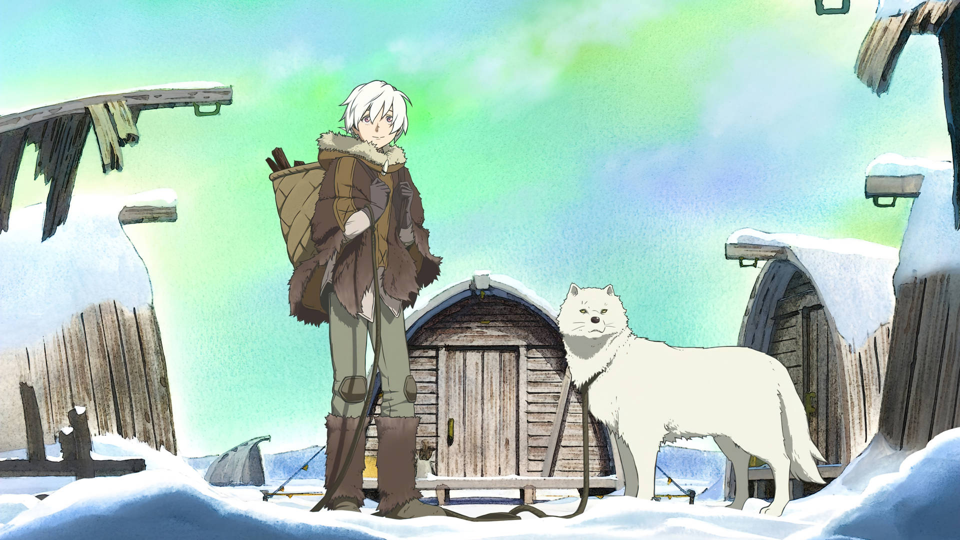 動漫男孩與白狼在雪村中，有木屋。