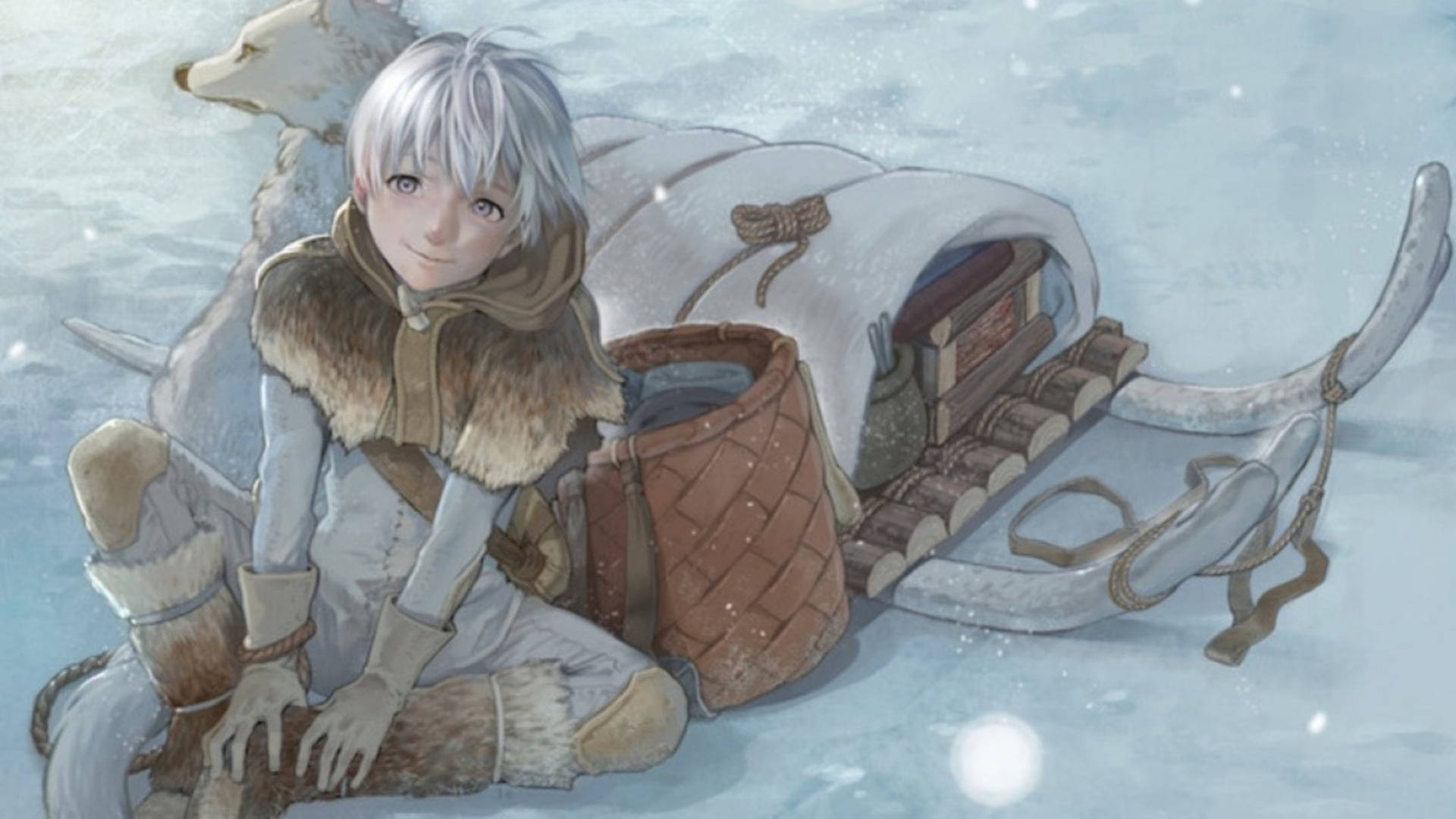 年輕冒險家與狐狸和雪橇在雪地荒野中