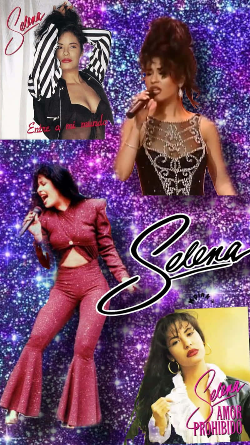 Selena Quintanilla 穿著華麗服裝的拼貼畫，背景是閃爍的紫色。