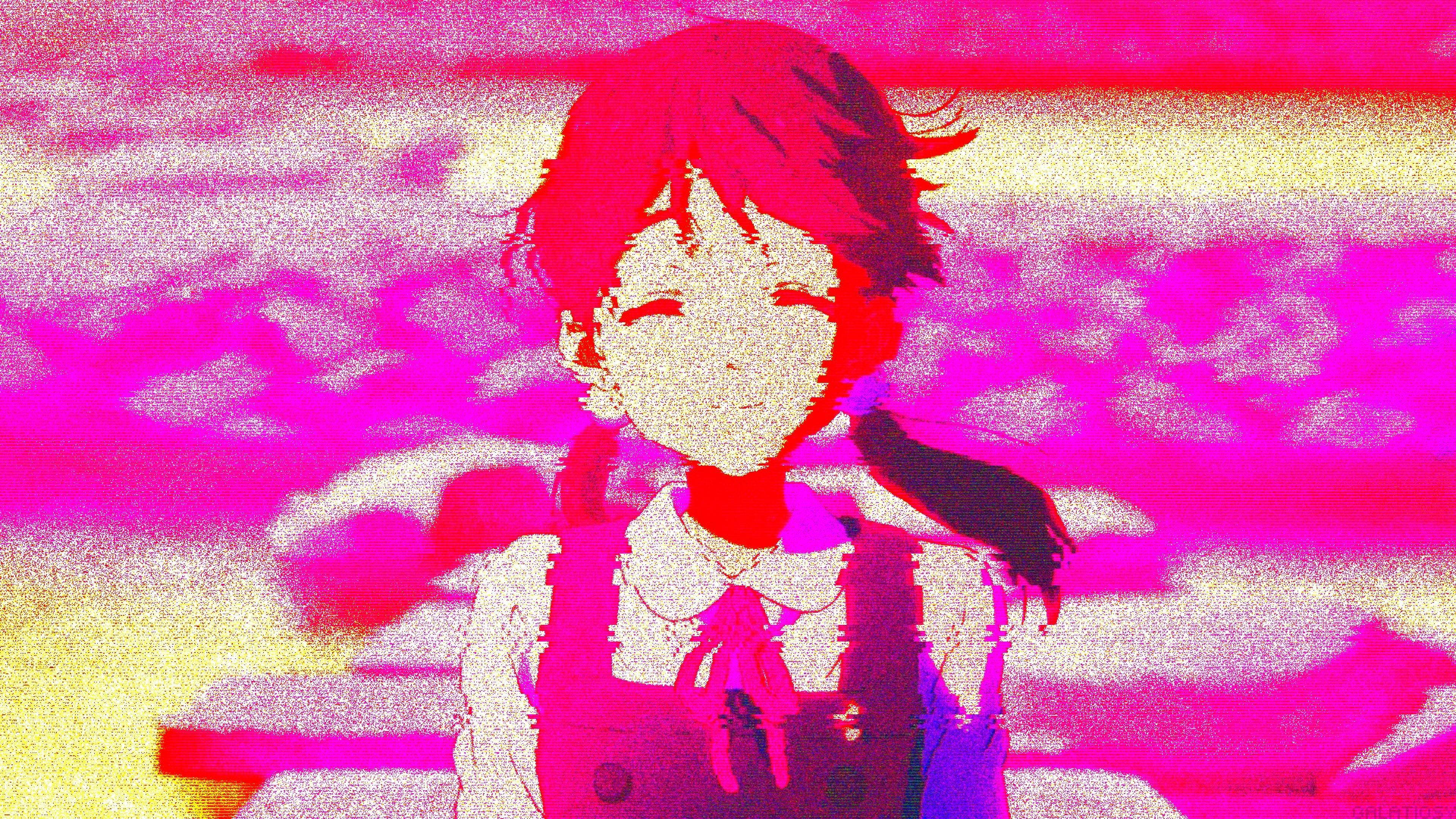 玉子市場動漫筆電壁紙 壁紙 — 一個紅髮的動漫女孩穿著校服，站在充滿活力的粉紅色和黃色扭曲背景前。
