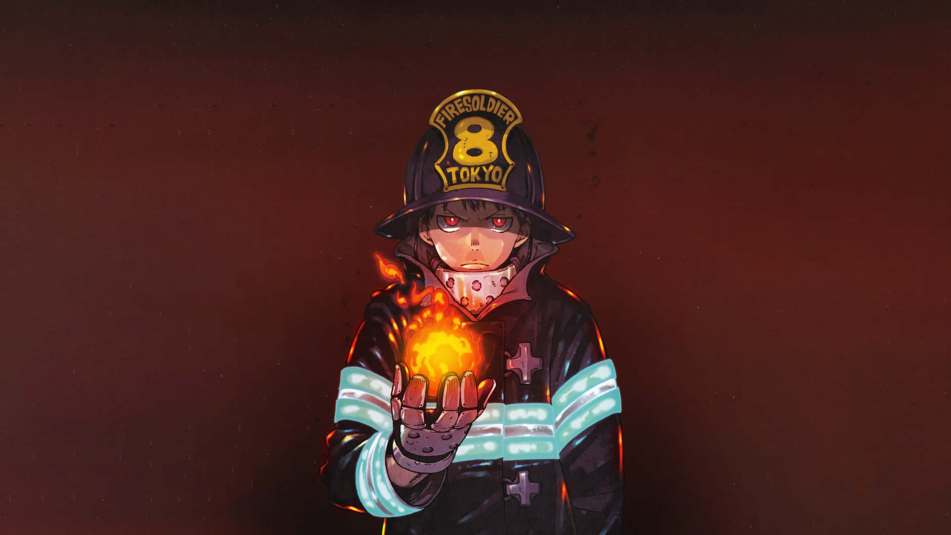 動漫消防員穿著發光制服，手持火球，背景為紅色。