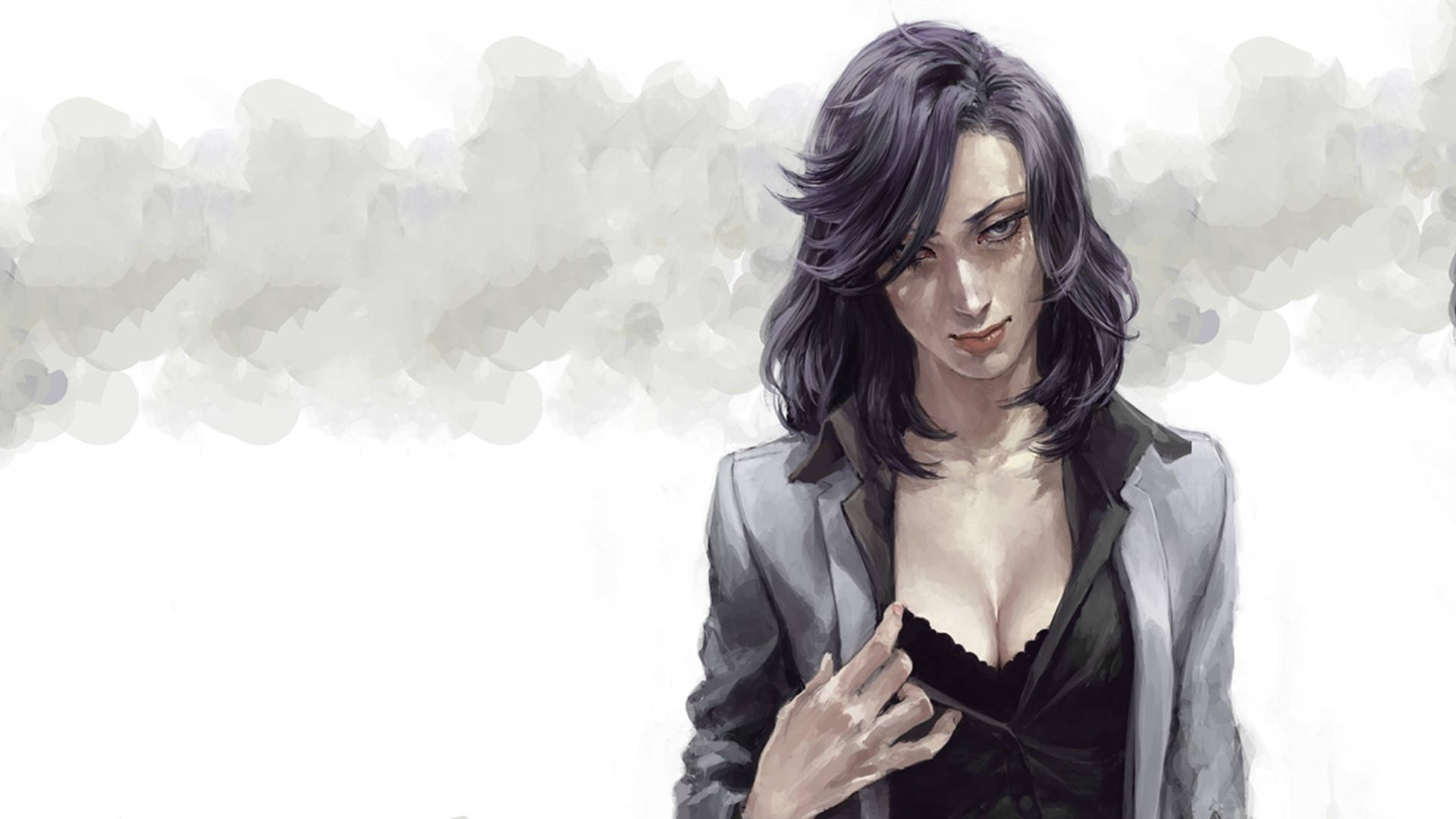 玉置亞美 - 《寄生獸》深度剖析 壁紙 — 一位優雅的動漫女性，深色頭髮，穿著灰色西裝外套，站在柔和的灰色雲朵背景前。