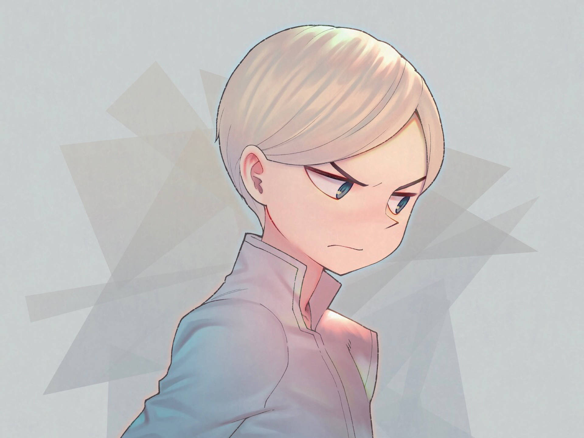 《王之排名》王子大田的數位插畫 壁紙 — 一個嚴肅的動漫角色，短金髮，瞇著眼睛，側視著幾何灰色背景。