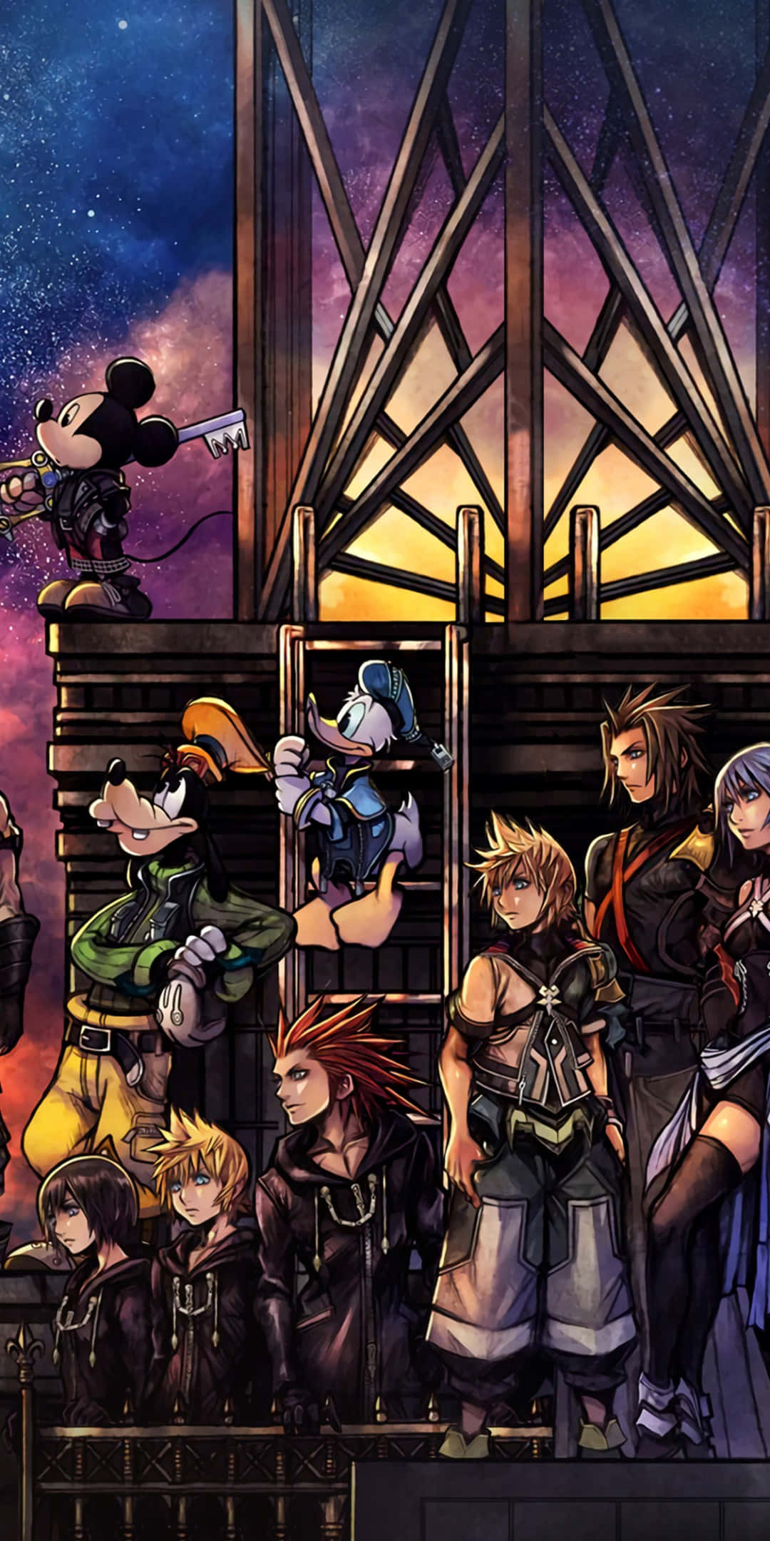 Kingdom Hearts 桌布 壁紙 — 《王國之心》中的迪士尼角色站在城堡陽台上，背景是星光燦爛的暮色天空和發光的彩色玻璃。