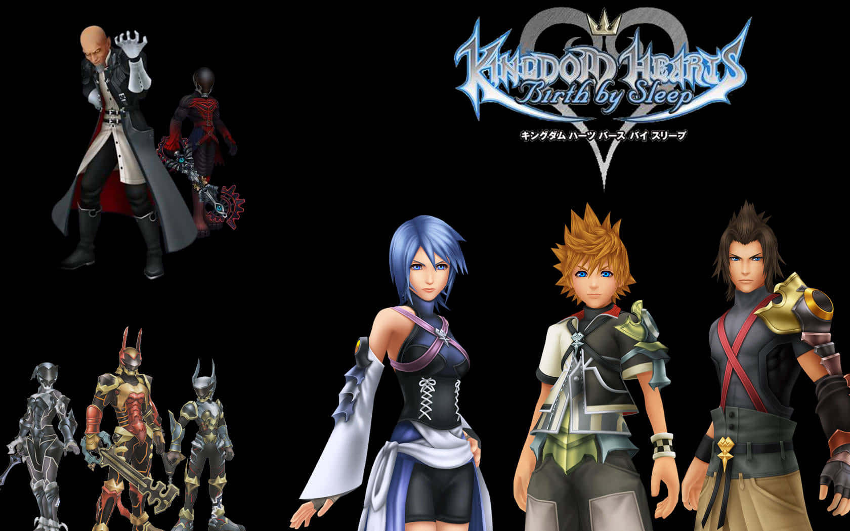 Kingdom Hearts Terra 桌布 壁紙 — 《王國之心 夢中降生》的宣傳藝術作品，以黑色背景上的風格化動漫角色和發光標誌為特色。