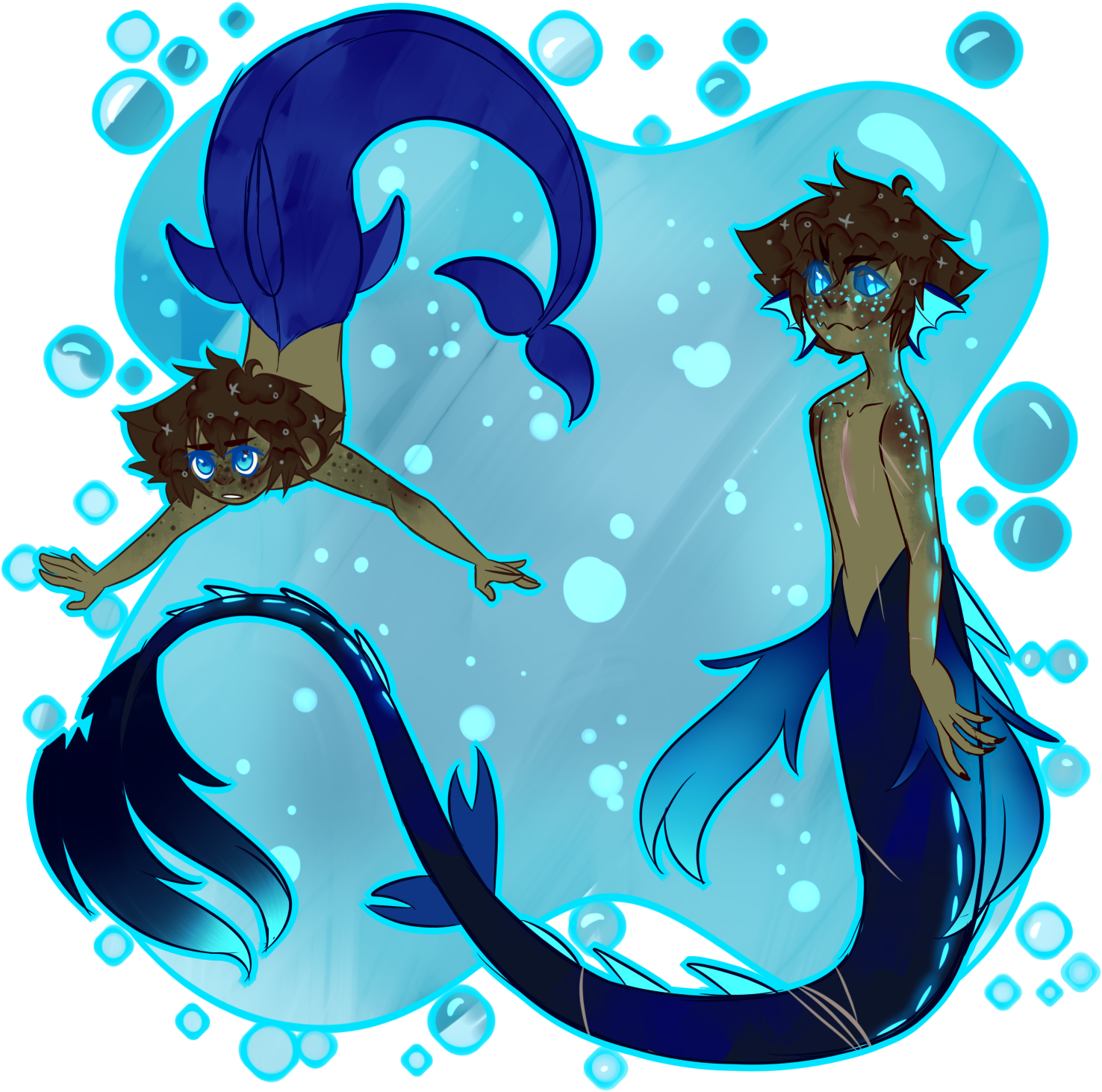 《王國之心》美人魚造型同人藝術 壁紙 — 兩條藍尾美人魚，皮膚如星，在充滿發光氣泡的水中場景優雅地游動。