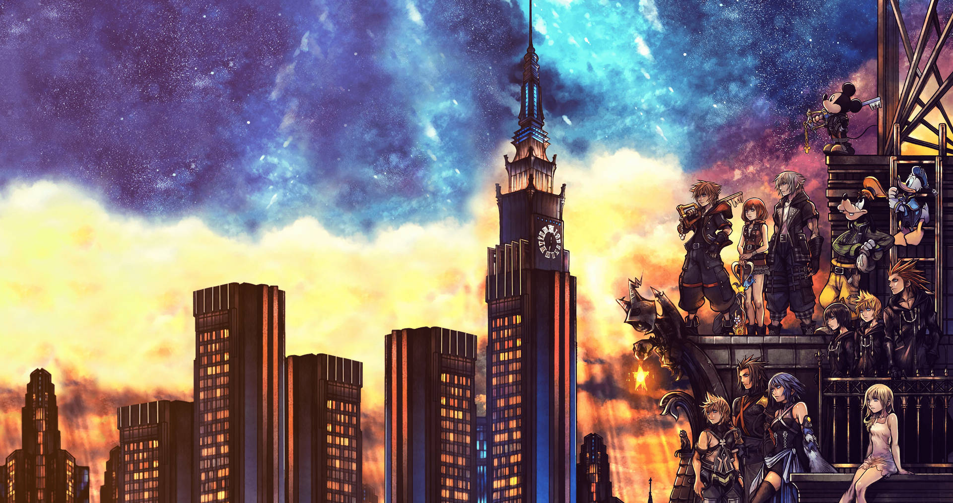 動漫角色在星空下，日落時分聚集在城市鐘樓上。