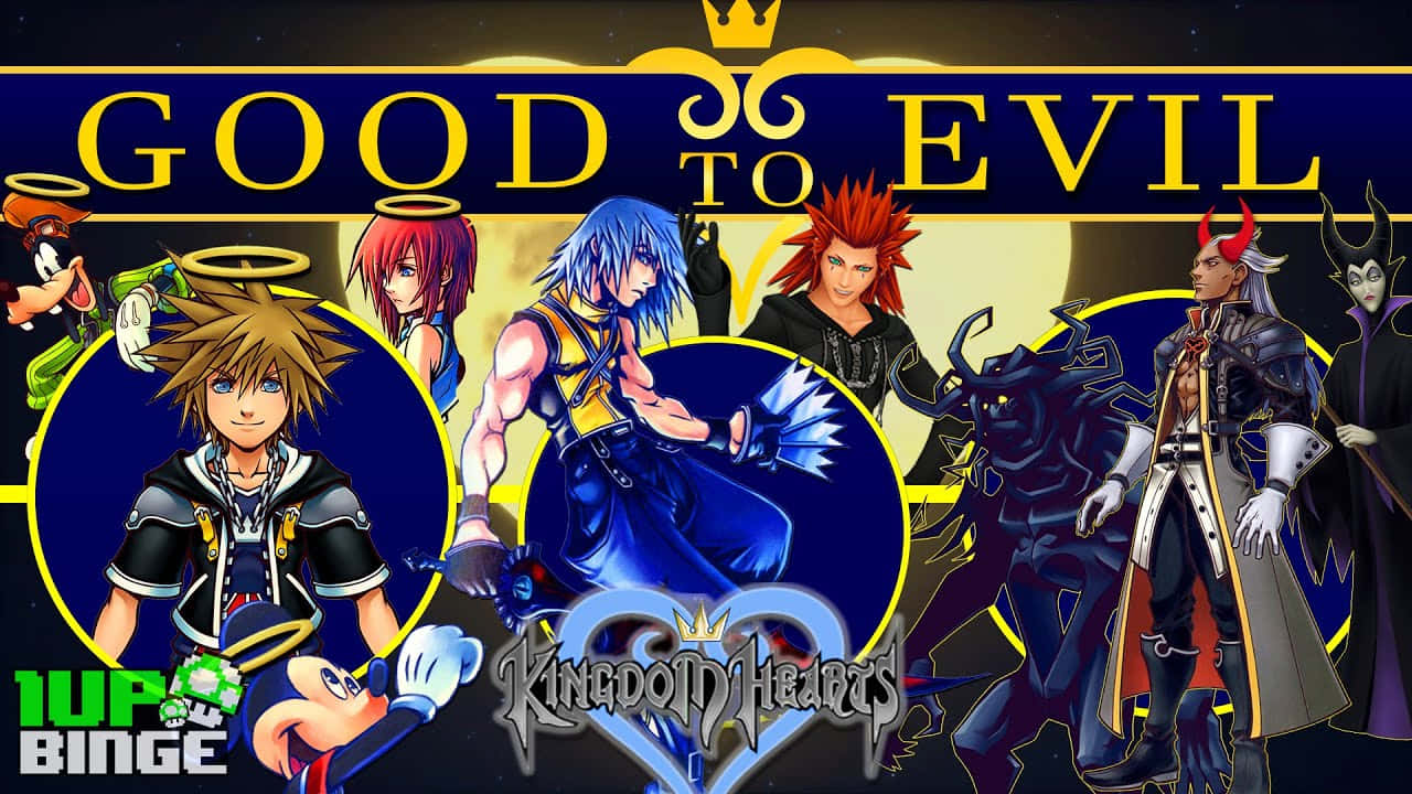 Kingdom Hearts Characters 桌布 壁紙 — 王國之心角色分為善與惡，天使與惡魔在金色王冠下對峙。