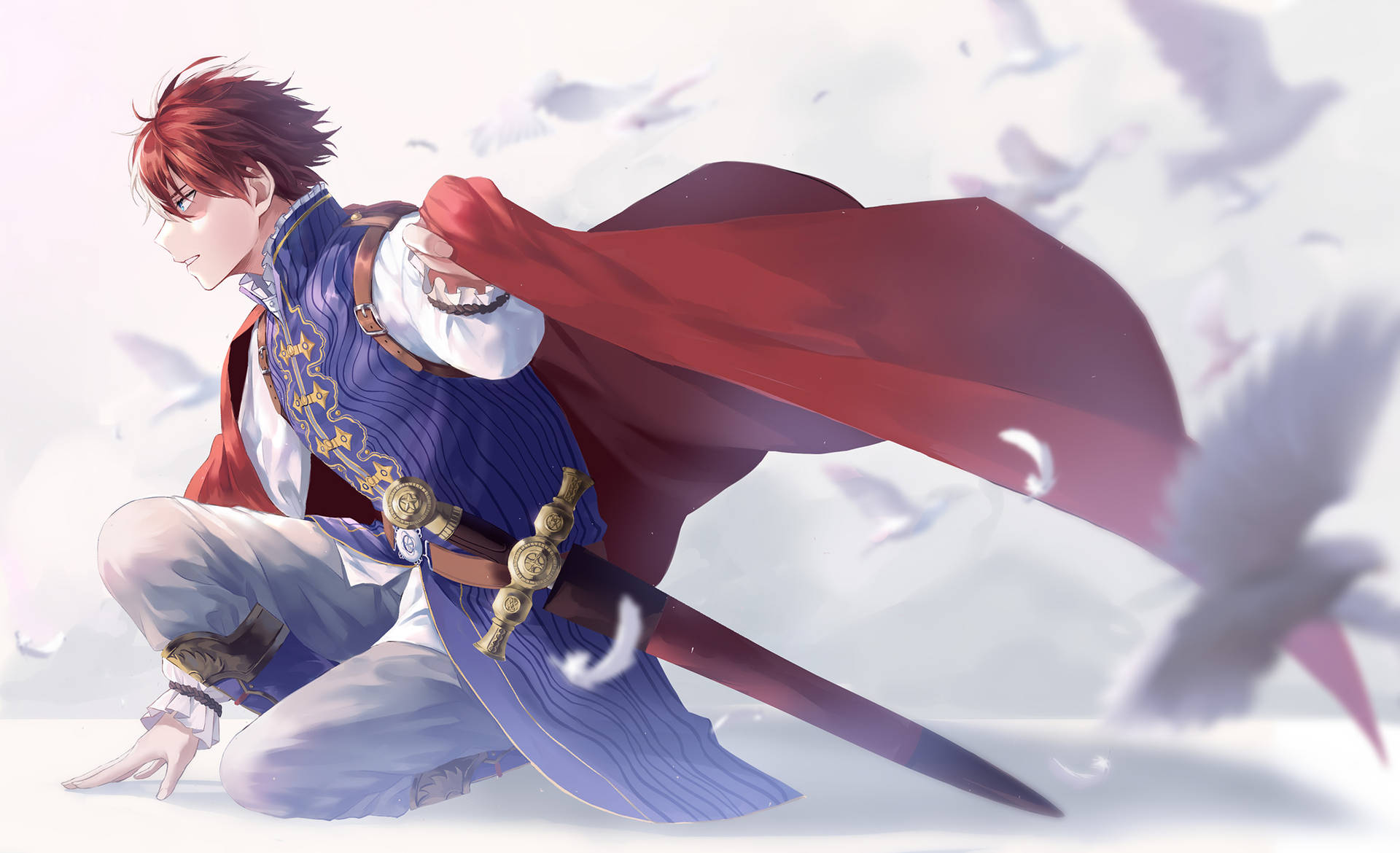 紅髮動漫戰士披著斗篷跪在雪地上，鳥兒飛舞。