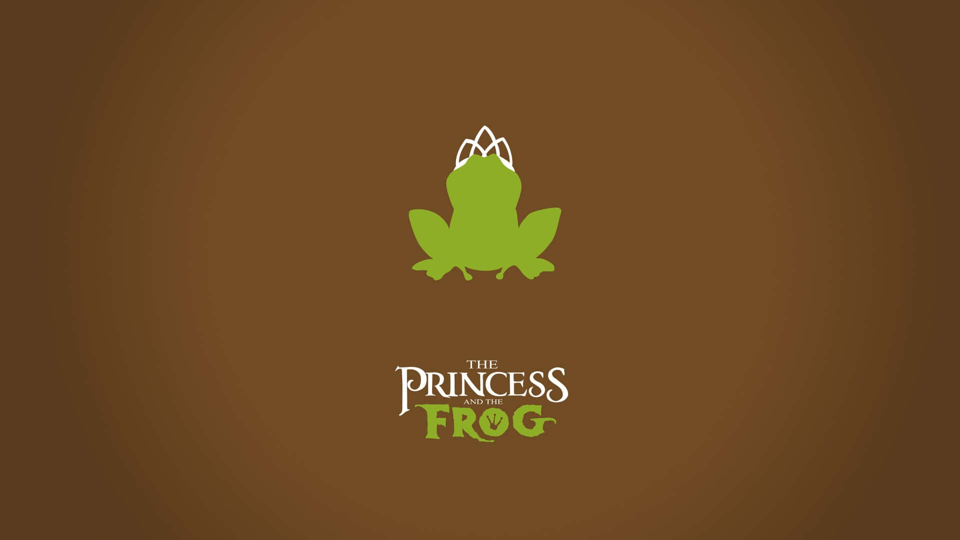 戴皇冠的綠色青蛙，棕色漸變背景上寫著「The Princess and the Frog」文字。