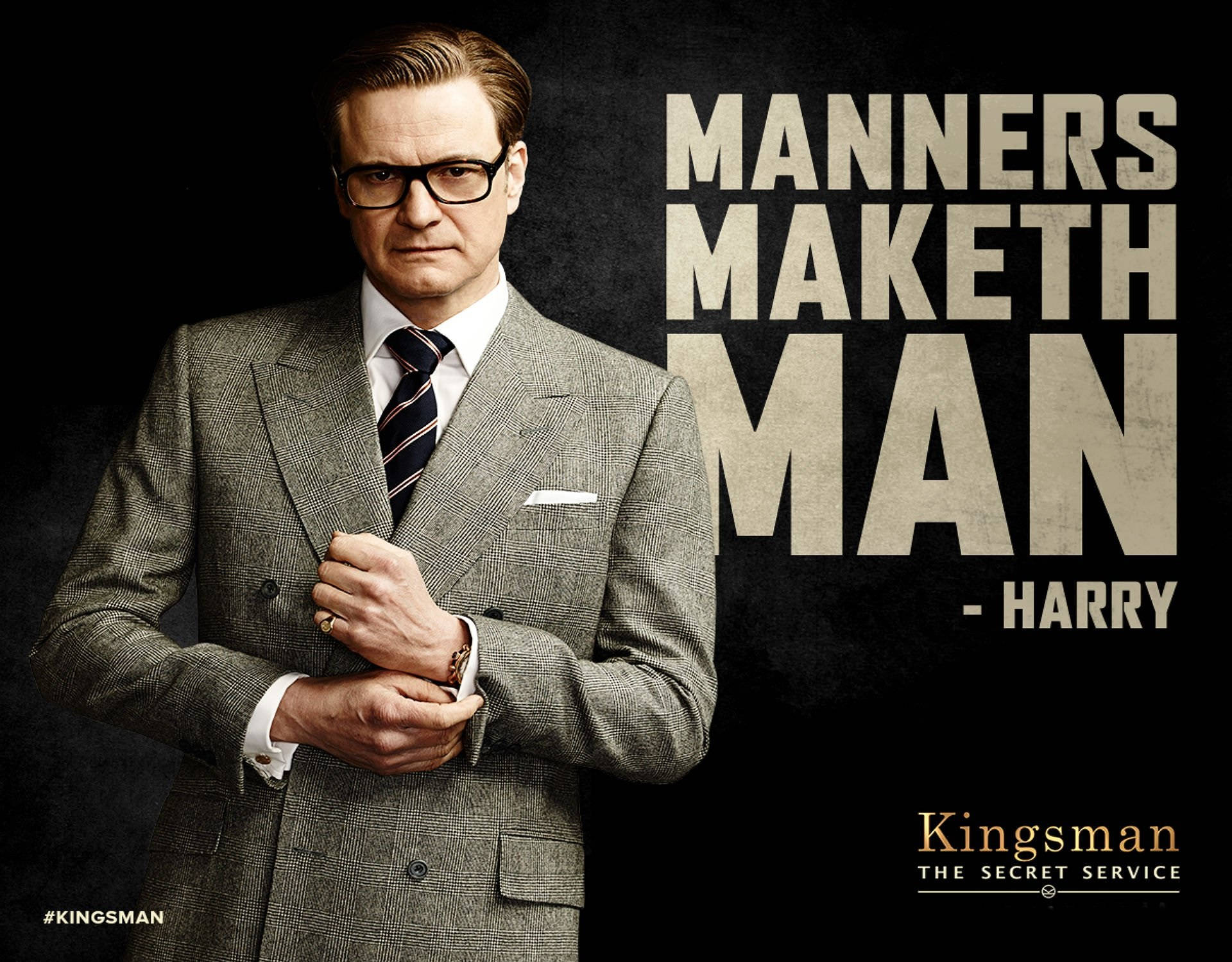 穿著灰色西裝和眼鏡的男士，帶有來自《皇家特工》的文字「Manners Maketh Man - Harry」。