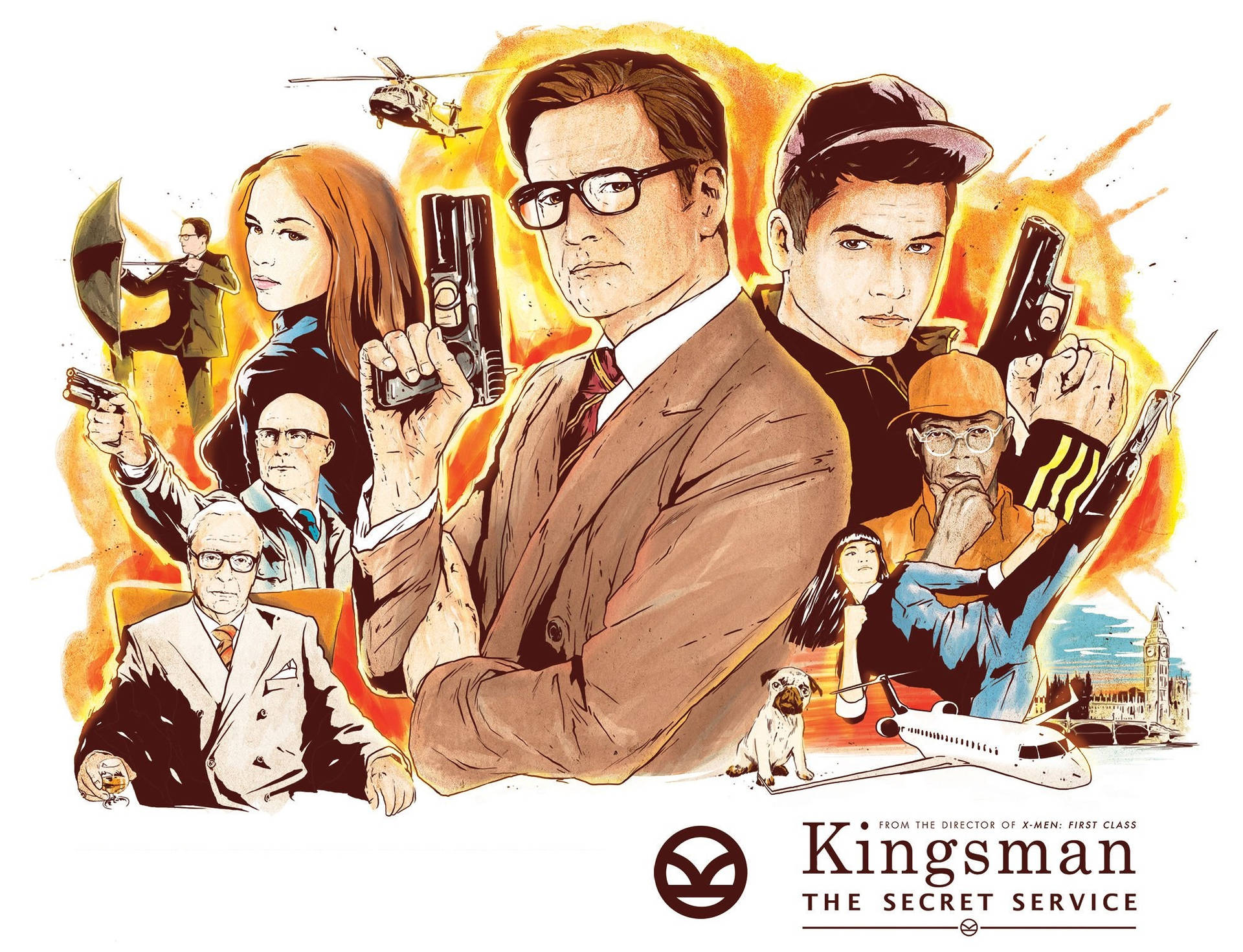身穿西裝的 Kingsman 特工持槍，背景有直升機和倫敦天際線。