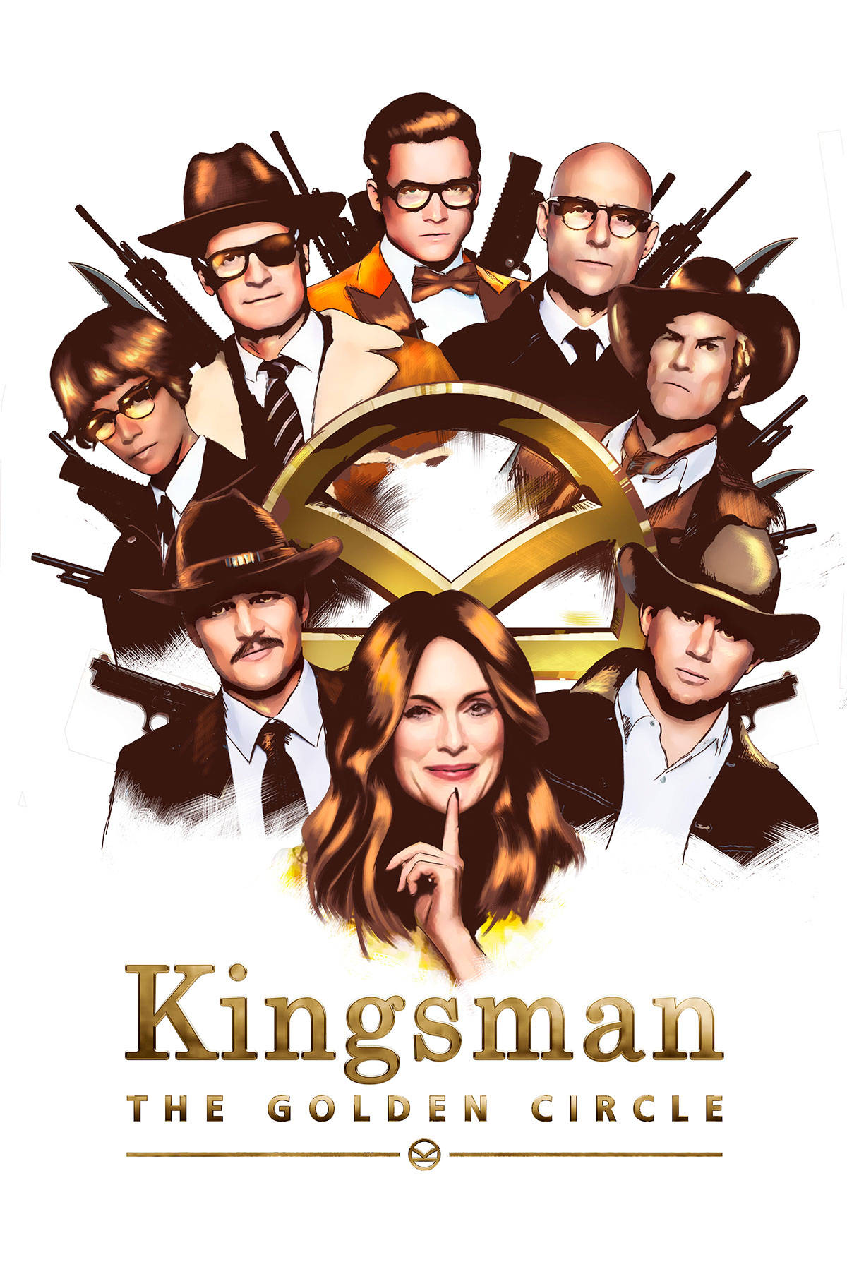 Kingsman The Golden Circle 電影海報，七名特務和一名中央女性。