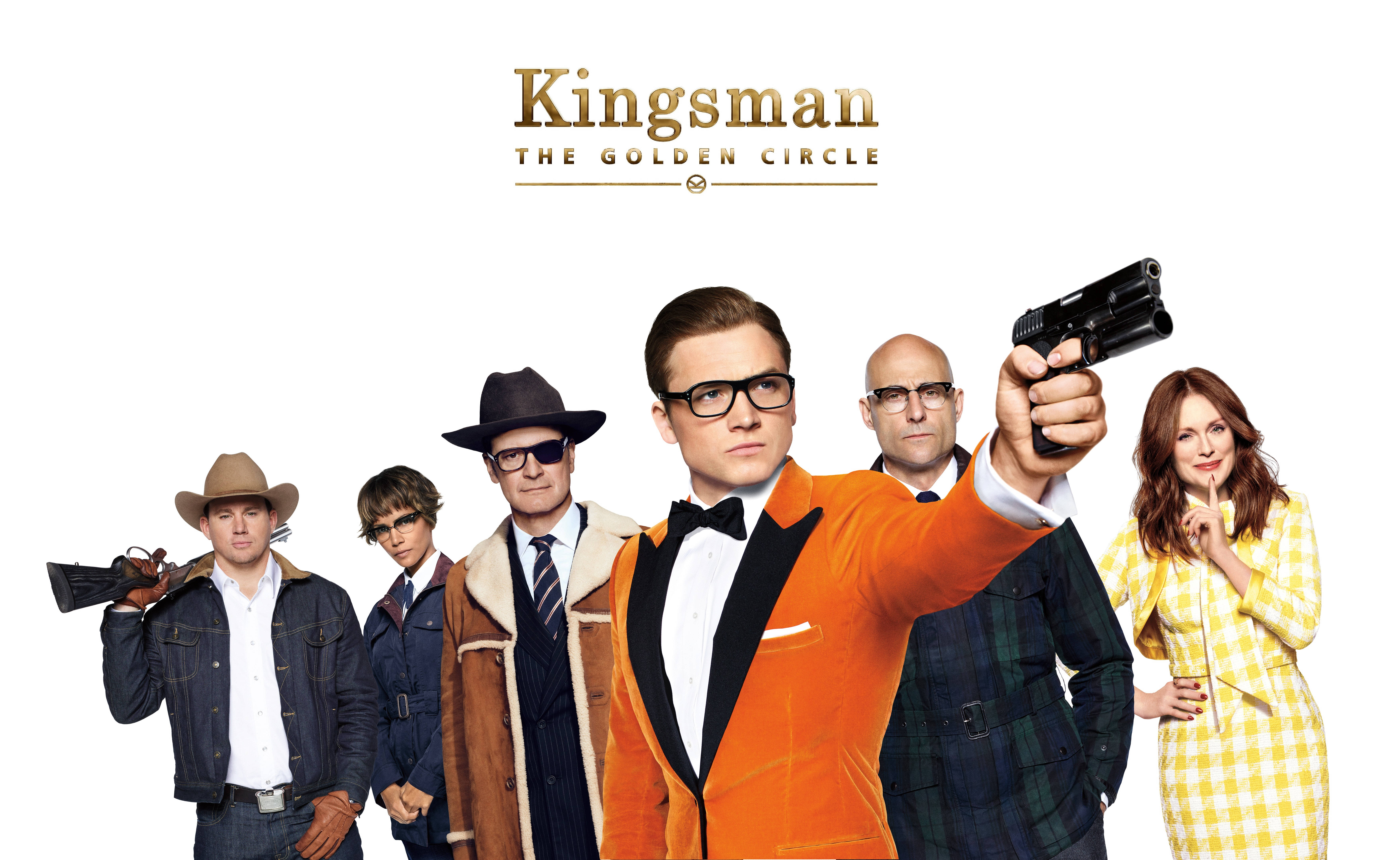 《王牌特工：金圈》電影海報藝術 壁紙 — 六位穿著時尚的 Kingsman 特務在白色背景上自信地擺姿勢，上方有電影標題。