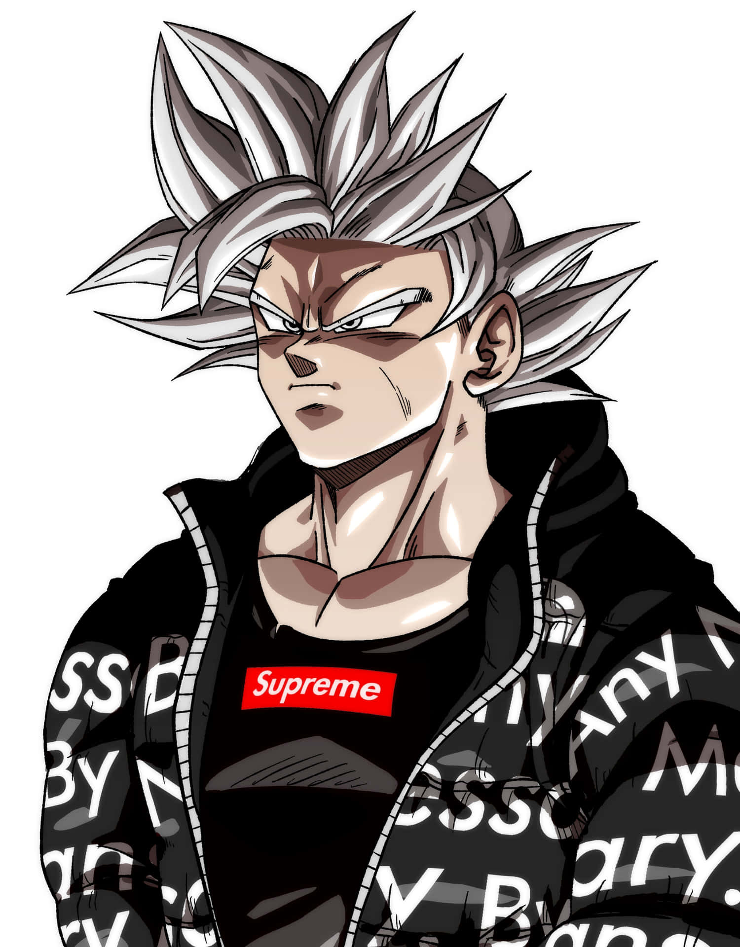 動漫戰士擁有尖刺銀色頭髮，身穿帶有塗鴉文字的黑色 Supreme 連帽衛衣。