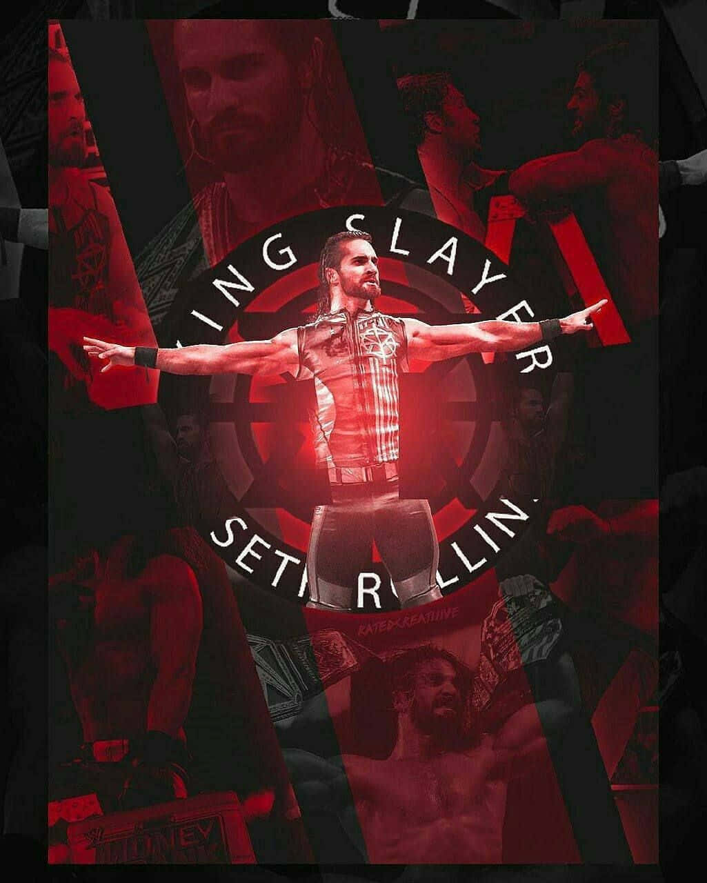 摔角手 Seth Rollins 在紅光籠罩的擂台上張開雙臂，周圍有文字。