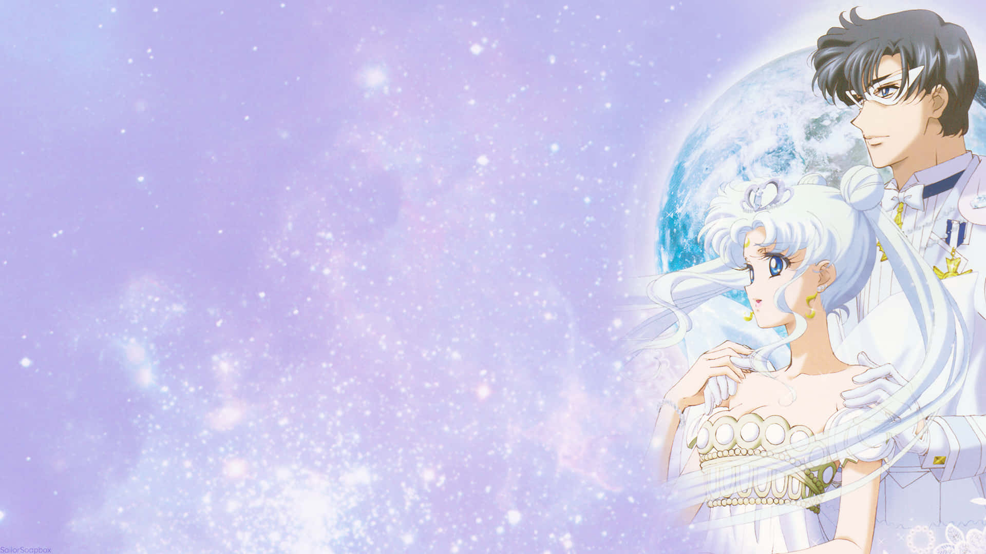 動漫情侶身穿白色服裝，背景是紫色星空宇宙場景和一顆藍色行星。