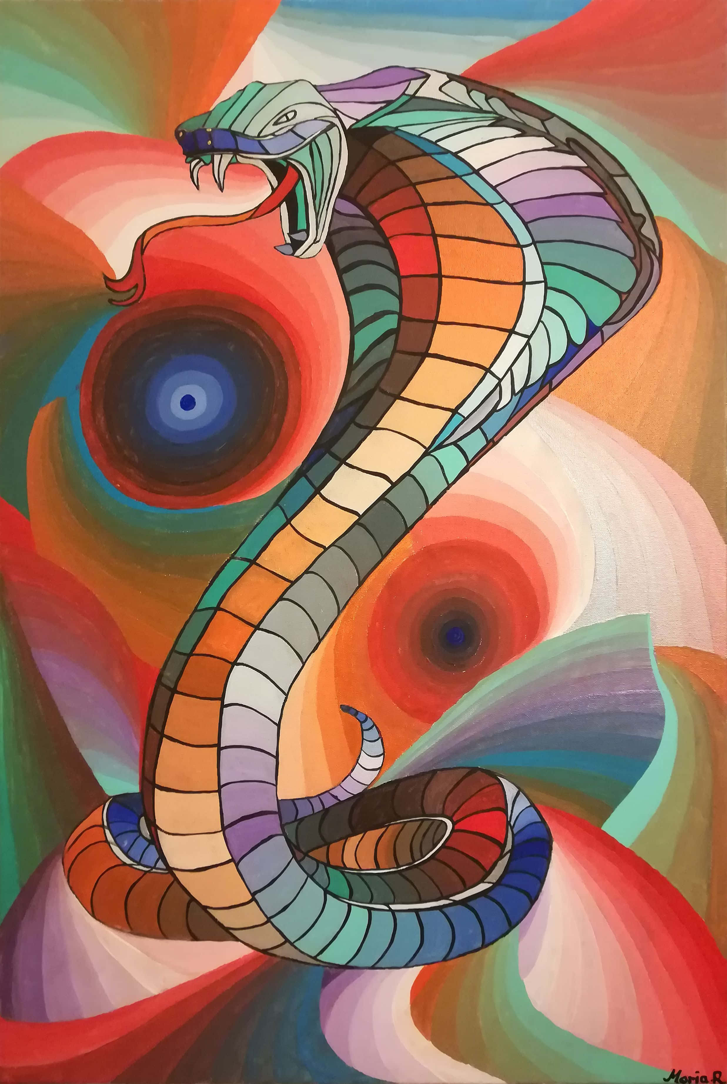 王蛇的近距離特寫 壁紙 — 一幅充滿活力的抽象畫，描繪一條彩虹色的眼鏡蛇盤繞在旋轉的迷幻背景上。