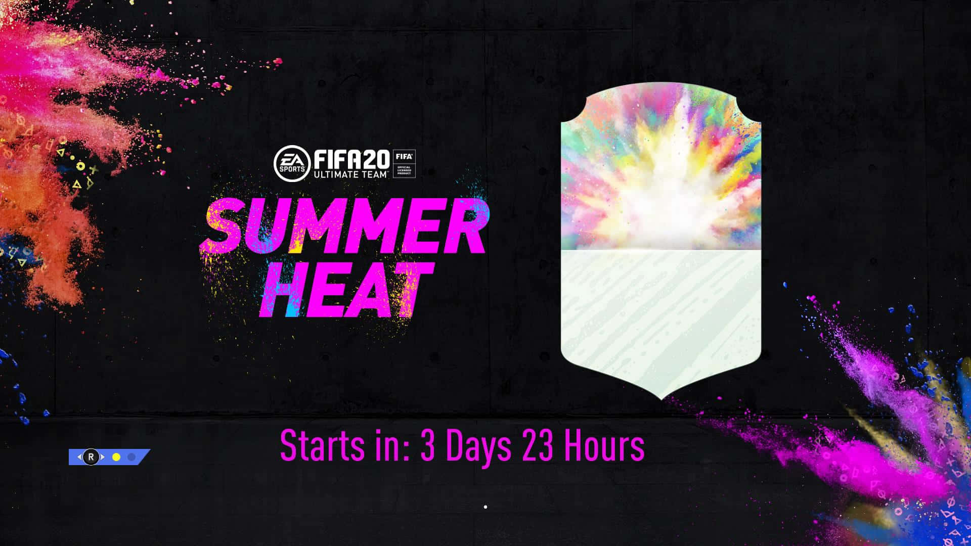 FIFA 20 Ultimate Team Summer Heat活動倒數計時，配有彩色粉末爆炸圖形。