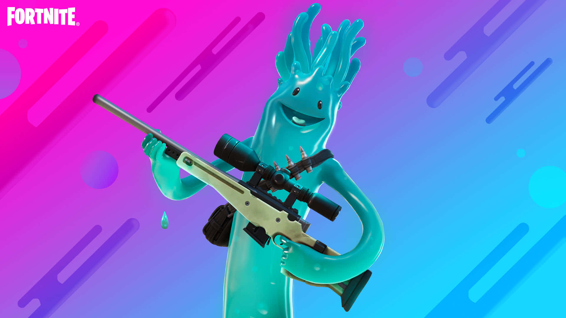 青綠色Fortnite角色在彩色漸變背景上手持狙擊步槍。