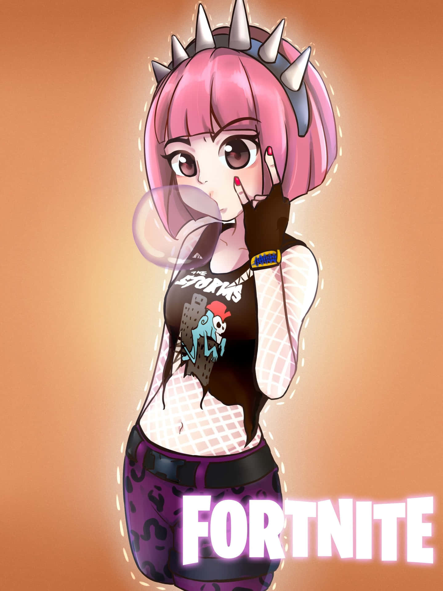粉紅色頭髮的動漫女孩穿著Fortnite服裝吹泡泡糖。