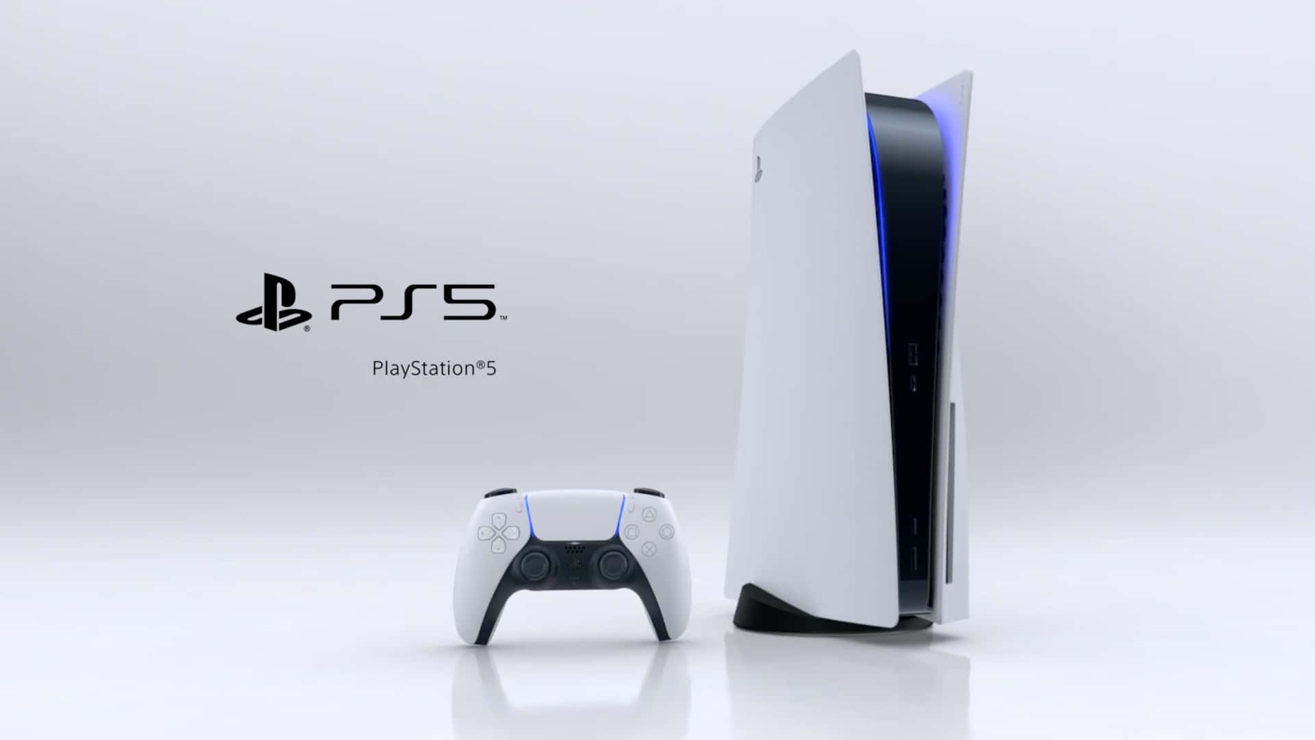 白色背景上帶有藍色燈光的PlayStation 5主機和控制器。