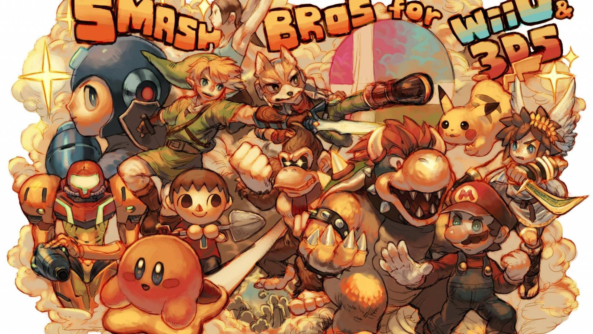 Smash Bros 角色以動態動漫姿勢搭配火熱背景。
