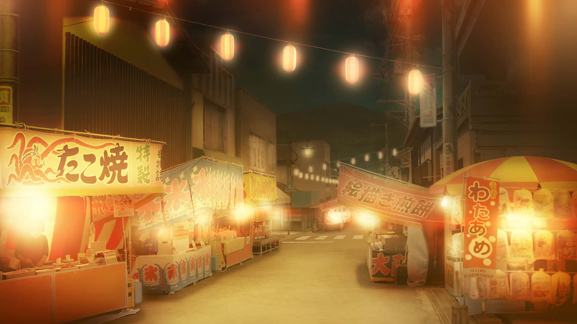 日本夜市街道，發光的美食攤位和紙燈籠。