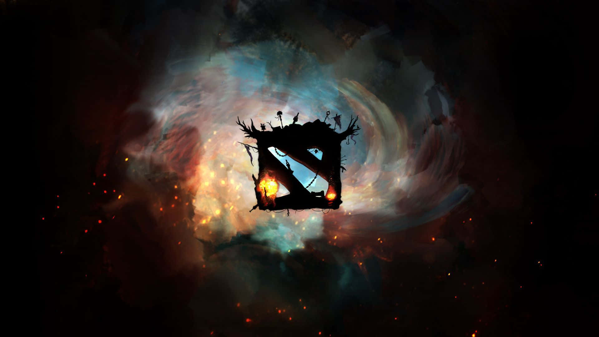 Dota 2 標誌在宇宙星雲中發光，帶有熾熱的火花。
