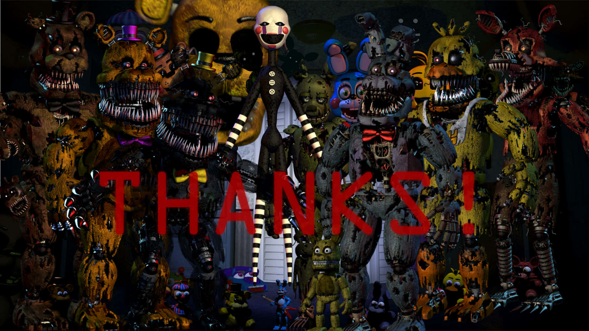《玩具熊的五夜後宮》遊戲中的迷人角色 壁紙 — 一群來自《Five Nights at Freddy's》的威脅性電子動畫角色站在黑暗的房間中，並覆蓋著紅色的「THANKS！」文字。