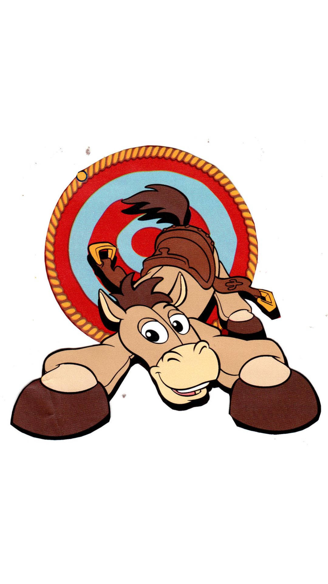 《玩具總動員》Bullseye 拉伸身體 壁紙 — 一匹快樂的卡通馬，戴著棕色頭盔和靴子，在紅藍靶前頑皮地擺姿勢。