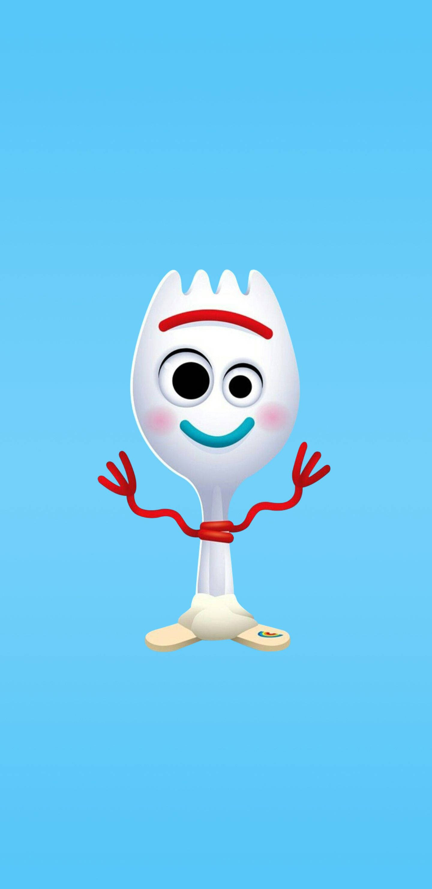 玩具總動員 Forky 寶寶版 壁紙 — 一個開心的動畫叉子角色，有紅色手臂和藍色微笑，在純淺藍色背景上快樂地揮手。