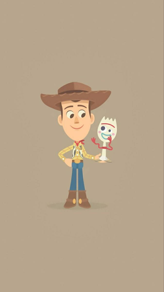 玩具總動員 Forky 數位藝術 壁紙 — 《反斗奇兵》的胡迪穿著牛仔裝，微笑地站在他忠實的叉子朋友 Forky 旁邊，背景是純米色。