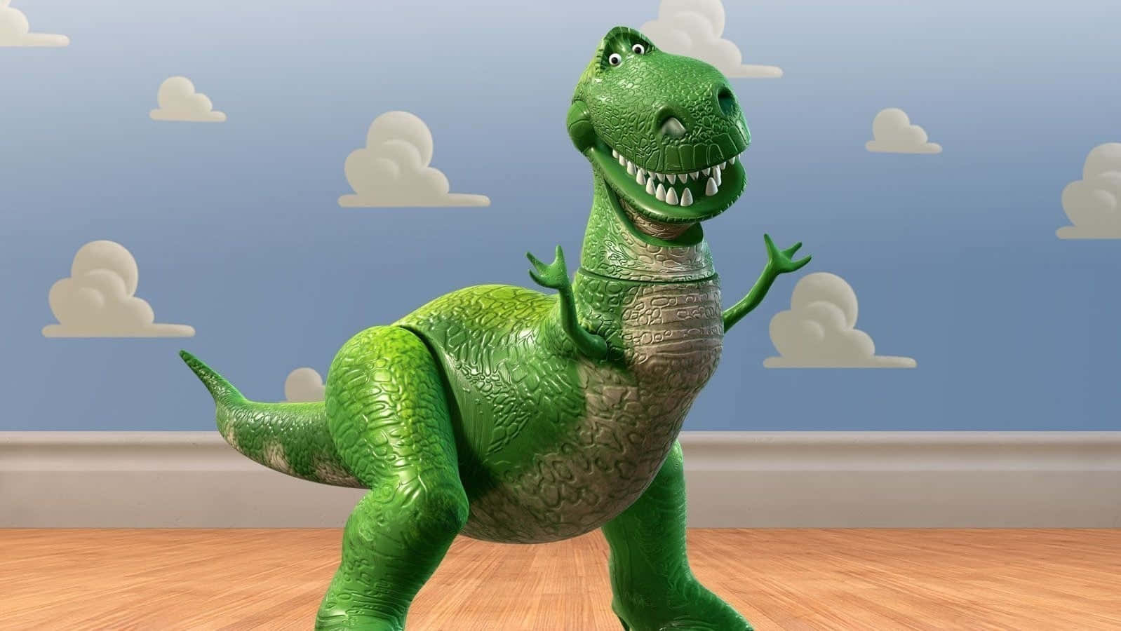 綠色動畫T-rex玩具站在木地板上，背景是天空和雲。