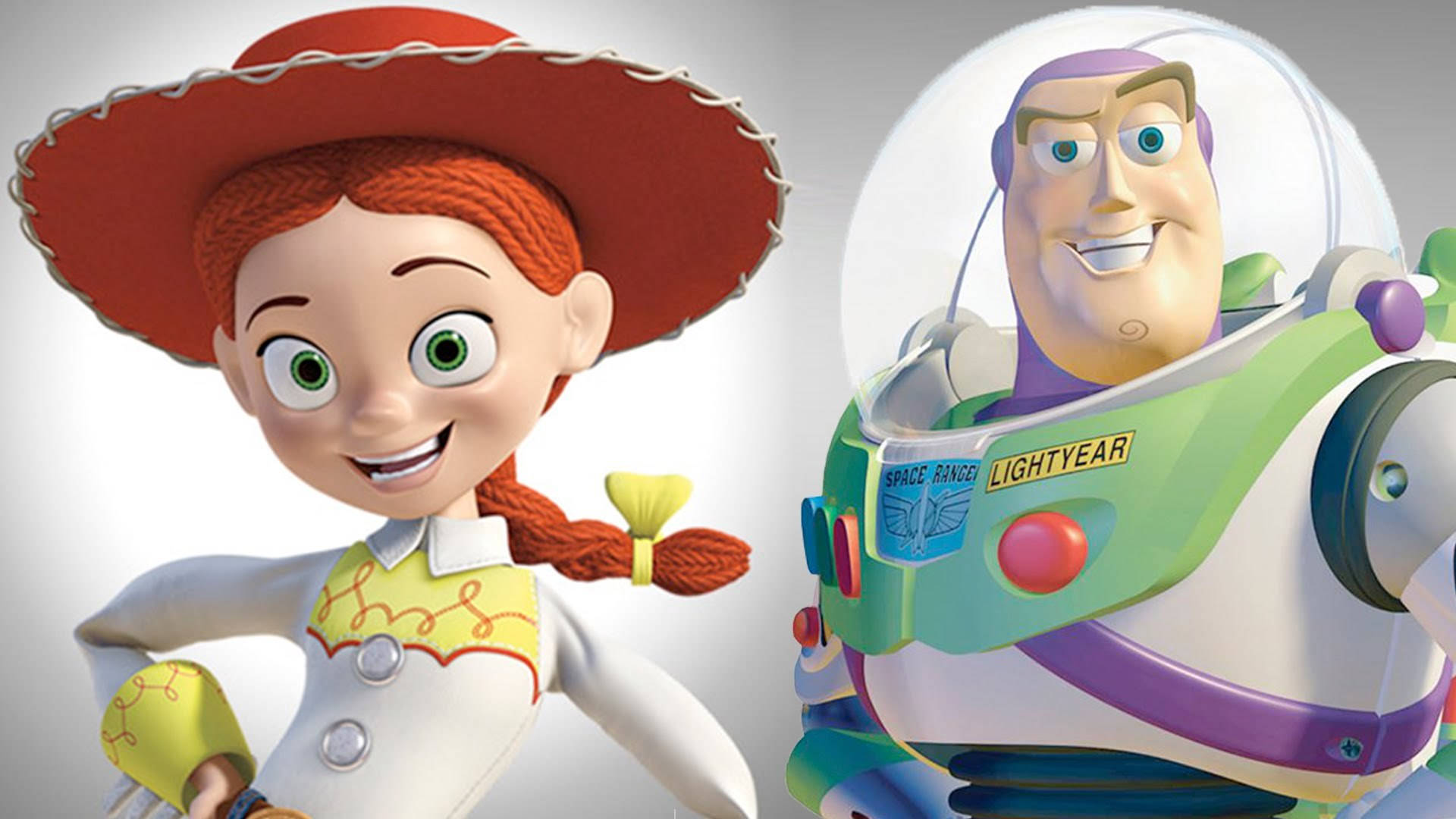 《玩具總動員》傑西與巴斯光年 壁紙 — 《反斗奇兵》的 Jessie 和 Buzz Lightyear 在純白背景前燦爛微笑。