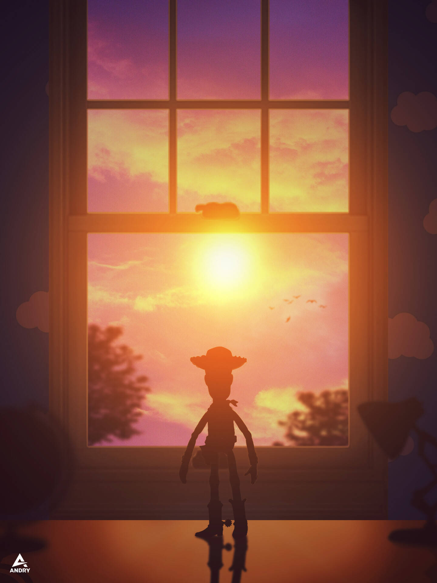 玩具牛仔剪影透過窗戶觀看夕陽
