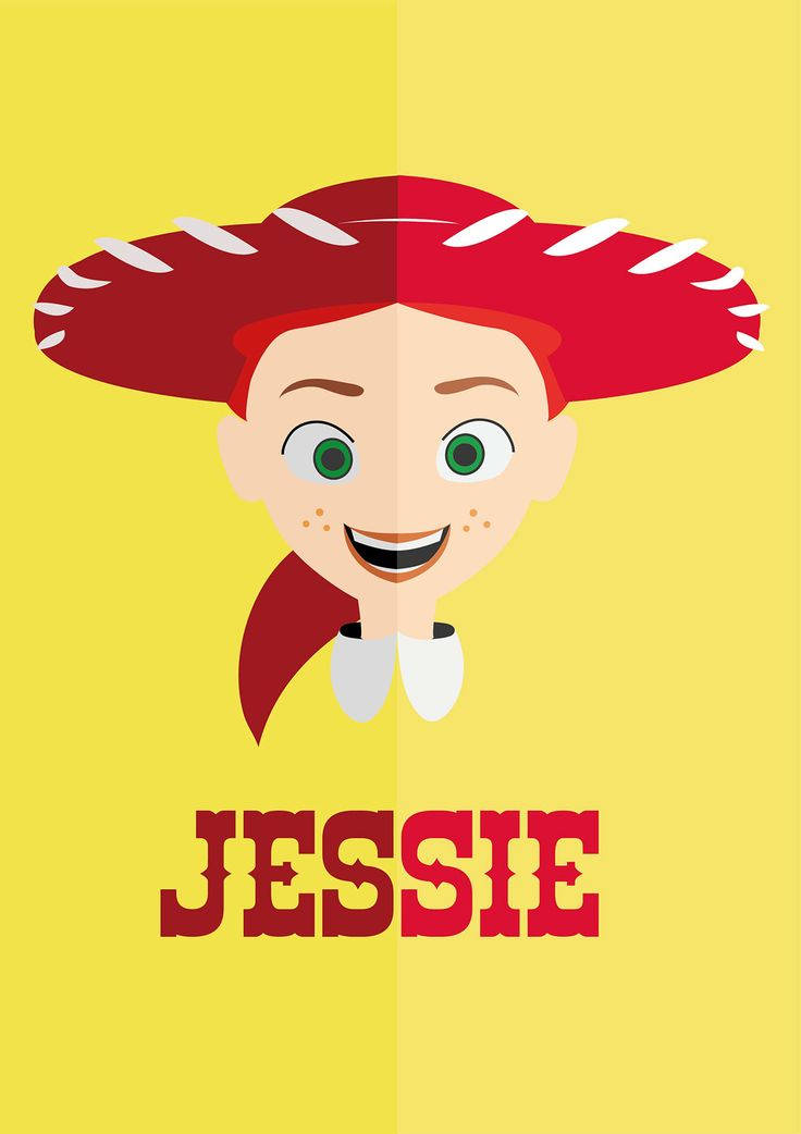 玩具角色 Jessie 戴著紅色闊邊帽在黃色背景上微笑。