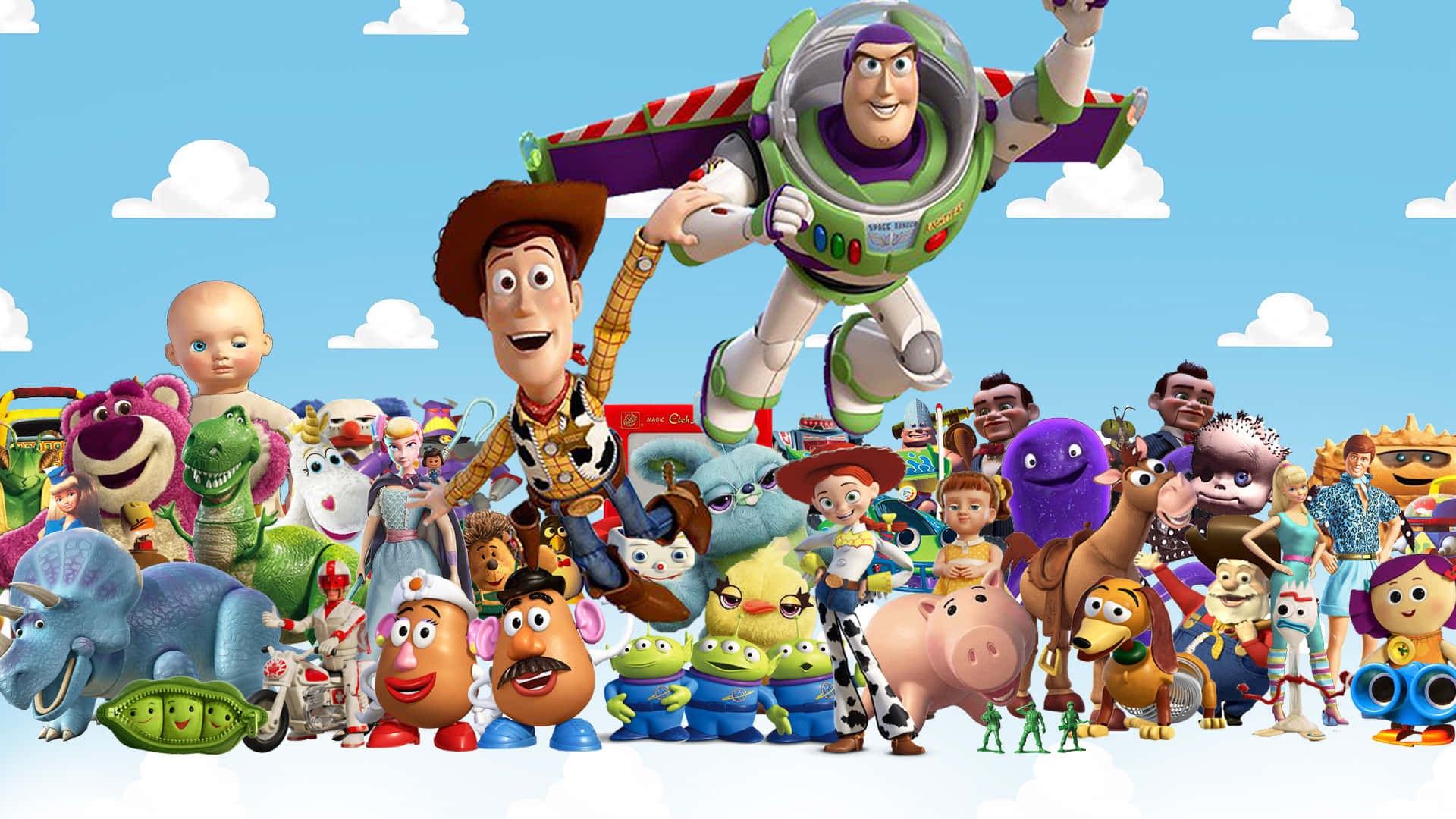 一群深受喜愛的動畫玩具角色在晴朗的天空下微笑。