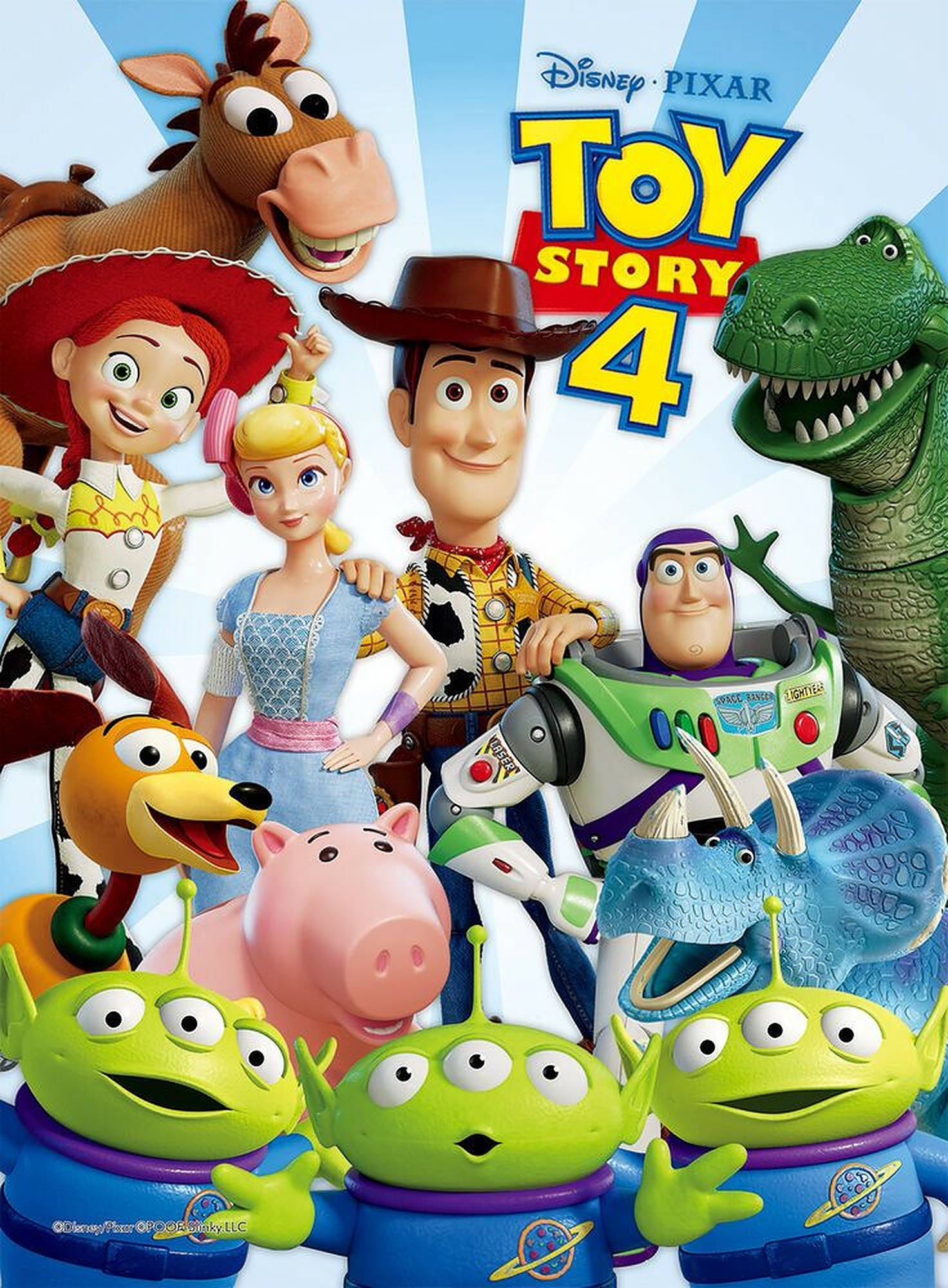 玩具總動員4與外星人 壁紙 — 一張充滿活力的海報，以Toy Story 4角色如胡迪、巴斯光年和三眼仔為特色，背景為明亮的藍色。