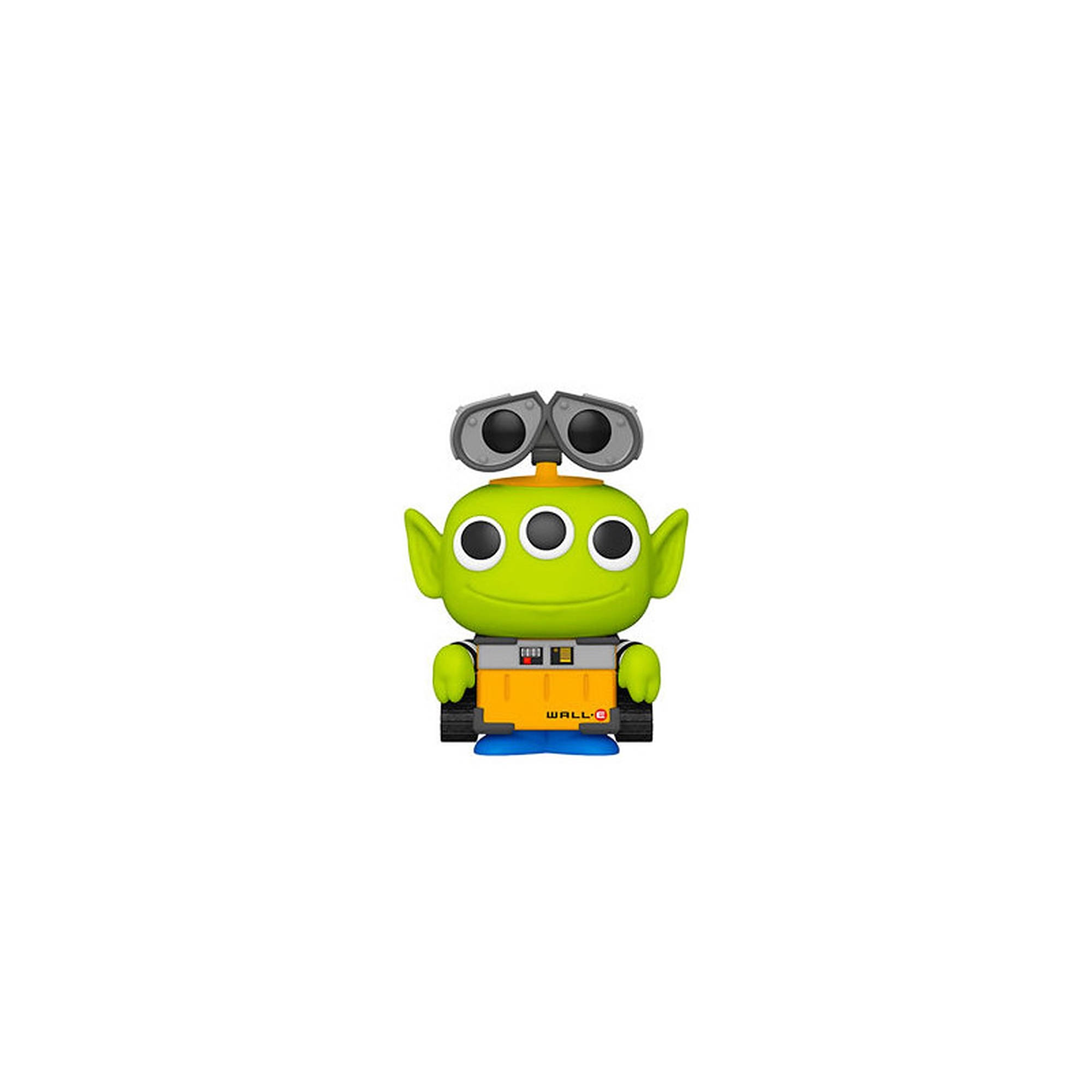 玩具總動員外星人 Funko Pop 玩偶 壁紙 — 一個綠色三眼外星人，帶著望遠鏡和橙色背包，站在純白色背景前。