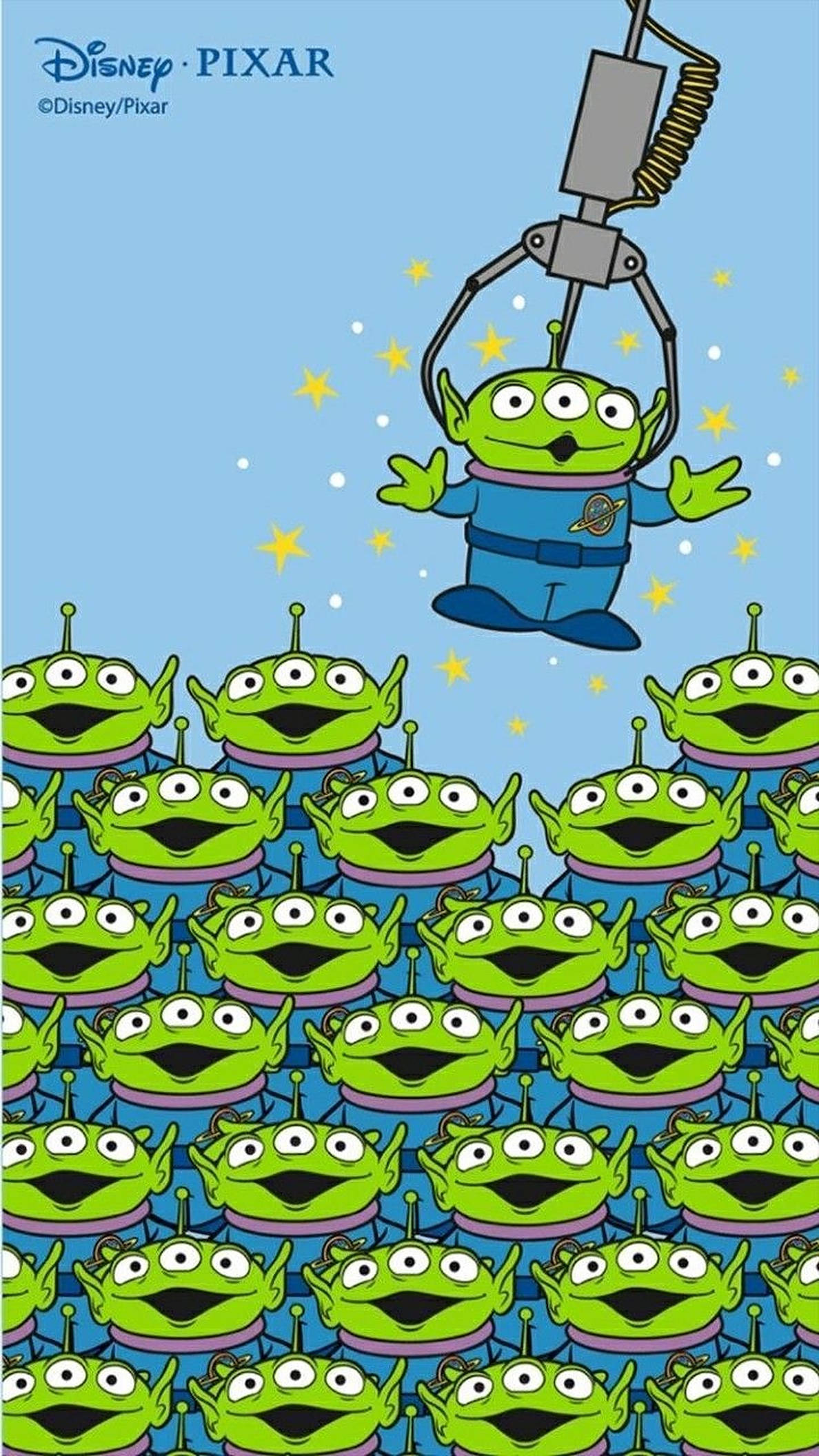 玩具總動員外星人迪士尼皮克斯 壁紙 — 一個穿著藍色套裝的綠色外星人漂浮在重複的相同外星人圖案之上，背景是繁星點點的藍色天空。