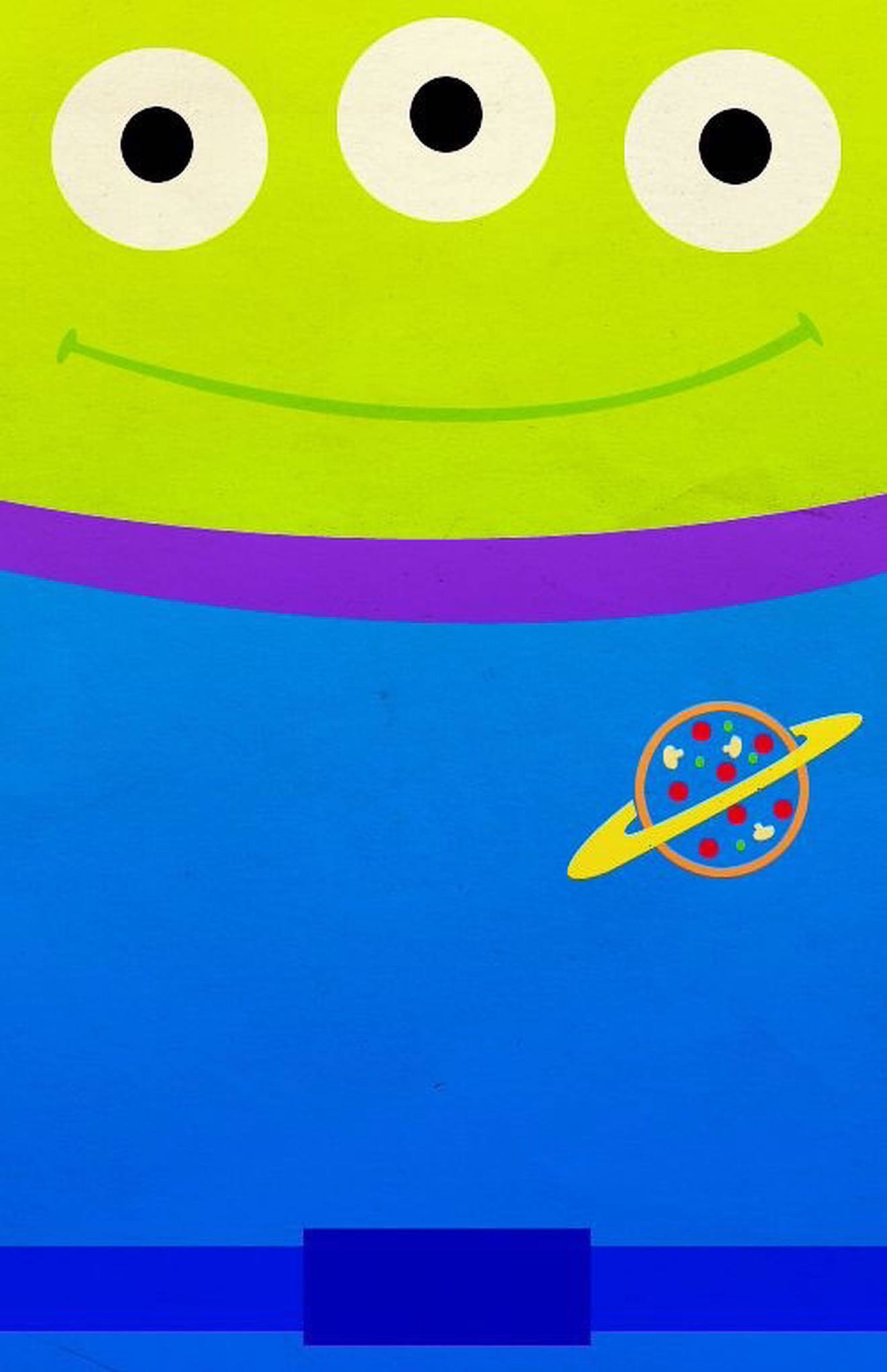 玩具總動員極簡外星人設計 壁紙 — 一個快樂的綠色外星人，有三隻眼睛和燦爛的笑容，穿著一件帶有星球補丁的藍色襯衫。