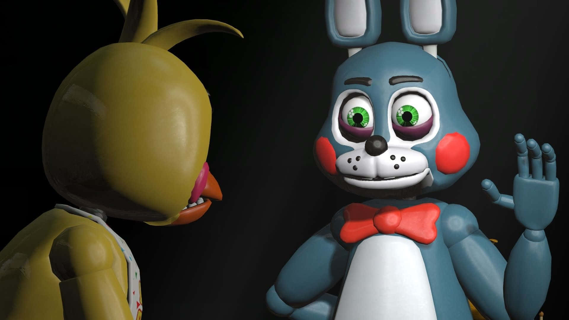 藍色兔子機械人在黑暗環境中向黃色雞機械人揮手。