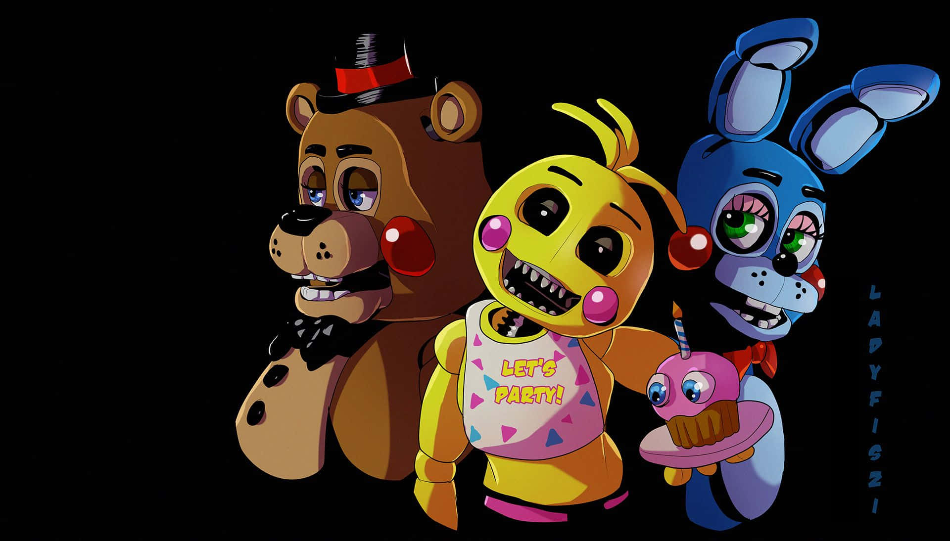 Five Nights at Freddy's 的三個電子動畫角色拿著一個紙杯蛋糕。